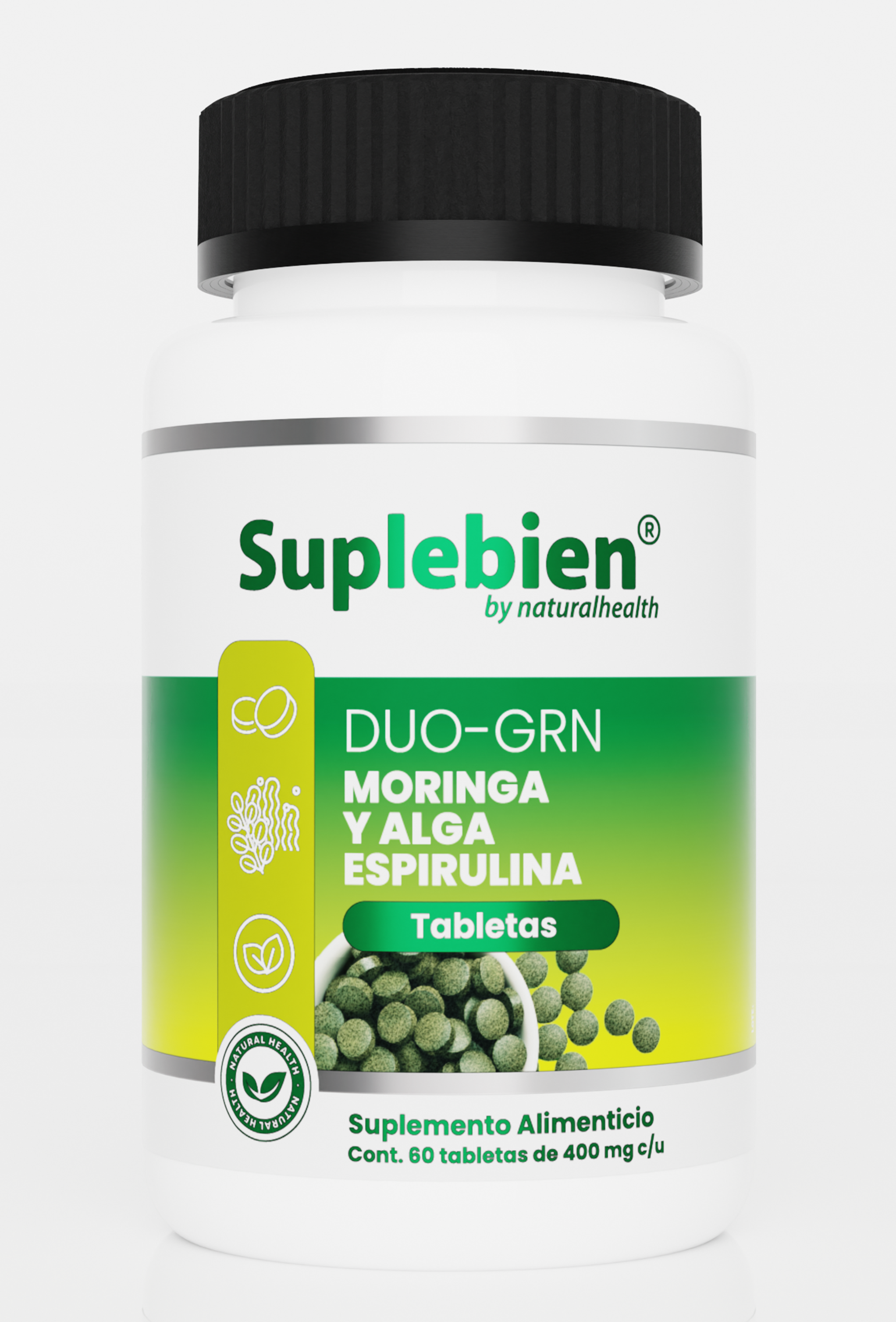 SUPLEBIEN DUO-GRN Tableta Moringa-Espirulina, Frasco con 60 Tabletas de 400 mg c/u