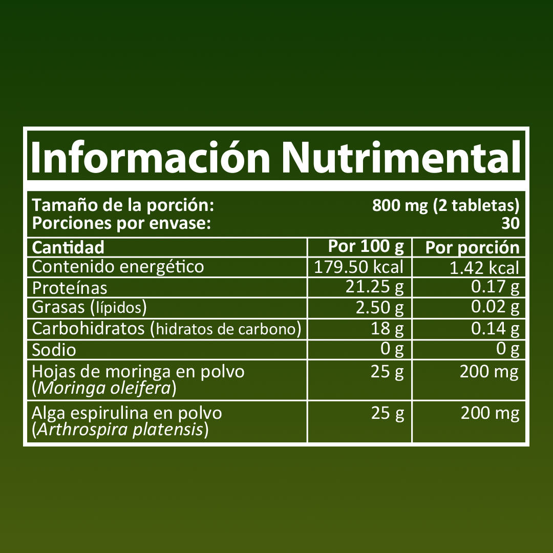SUPLEBIEN DUO-GRN Tableta Moringa-Espirulina, Frasco con 60 Tabletas de 400 mg c/u