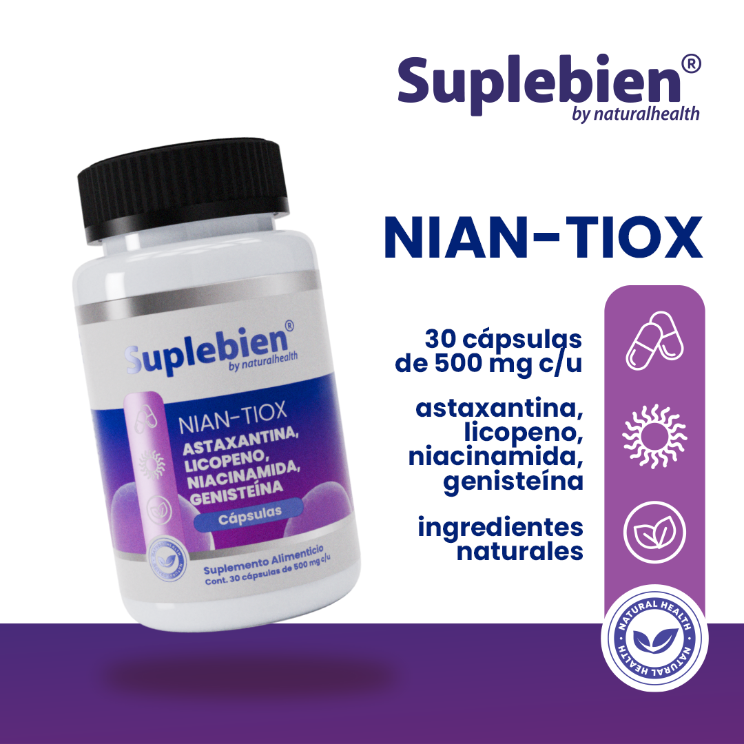 SUPLEBIEN. NIAN-TIOX Astaxantina, Licopeno, Niacinamida, Genisteína 30 cápsulas de 500 mg c/u