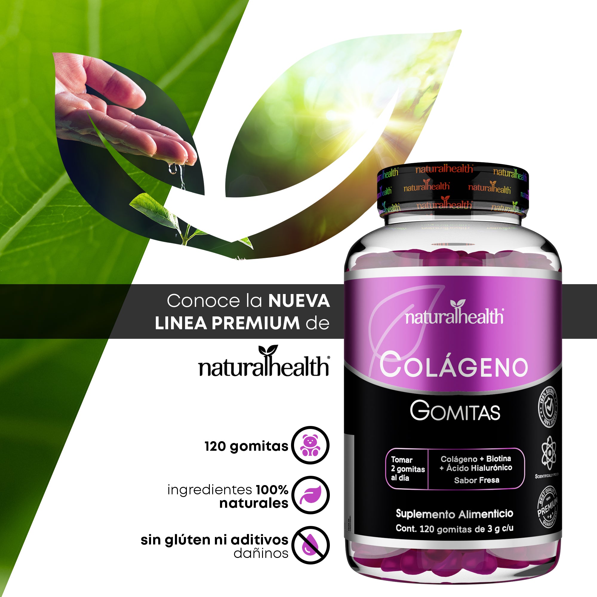 Colágeno en Gomitas | + Ácido Hialurónico y Biotina | 120 gomitas | Sabor fresa