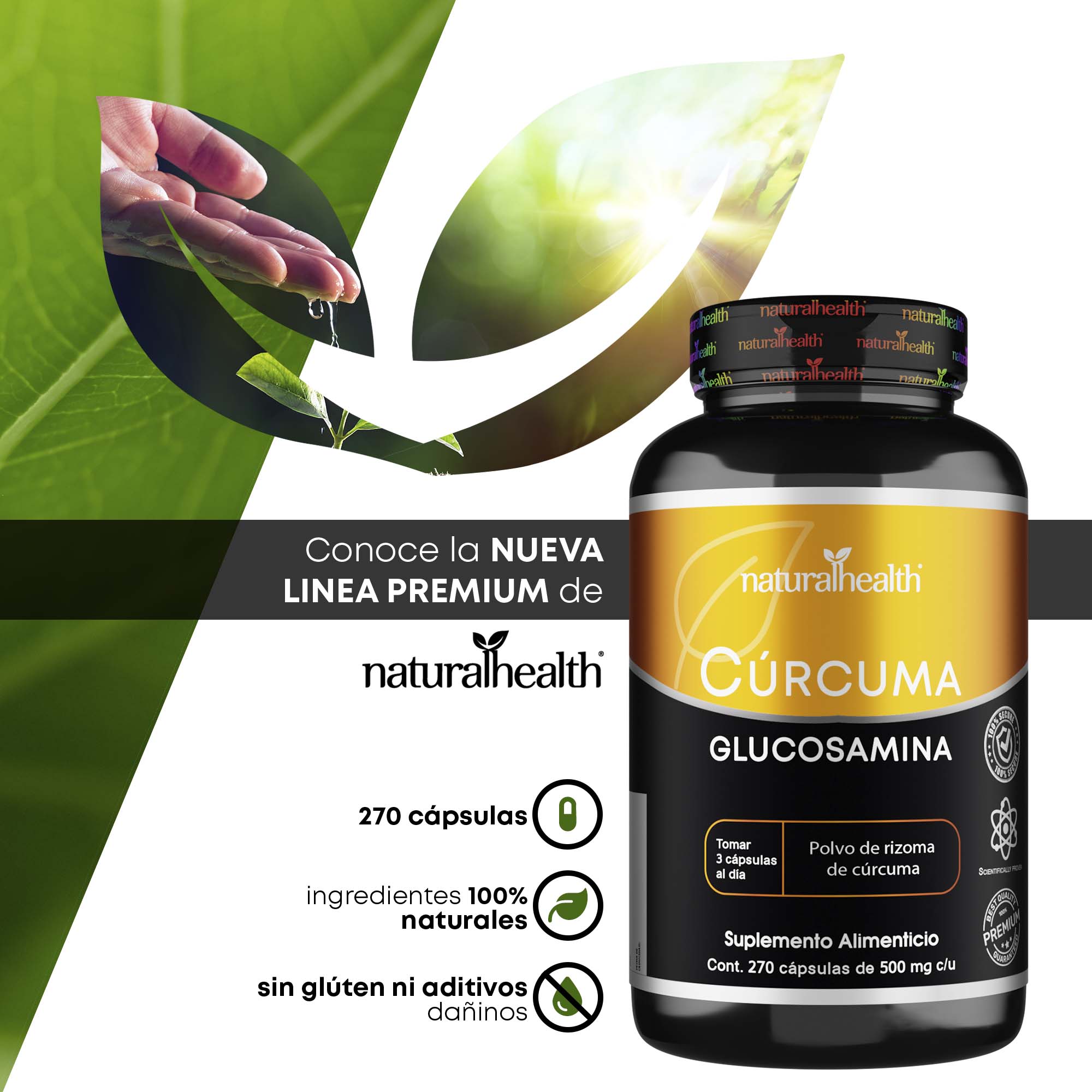 Cúrcuma + Glucosamina | 270 cápsulas | Polvo de rizoma de Cúrcuma Natural