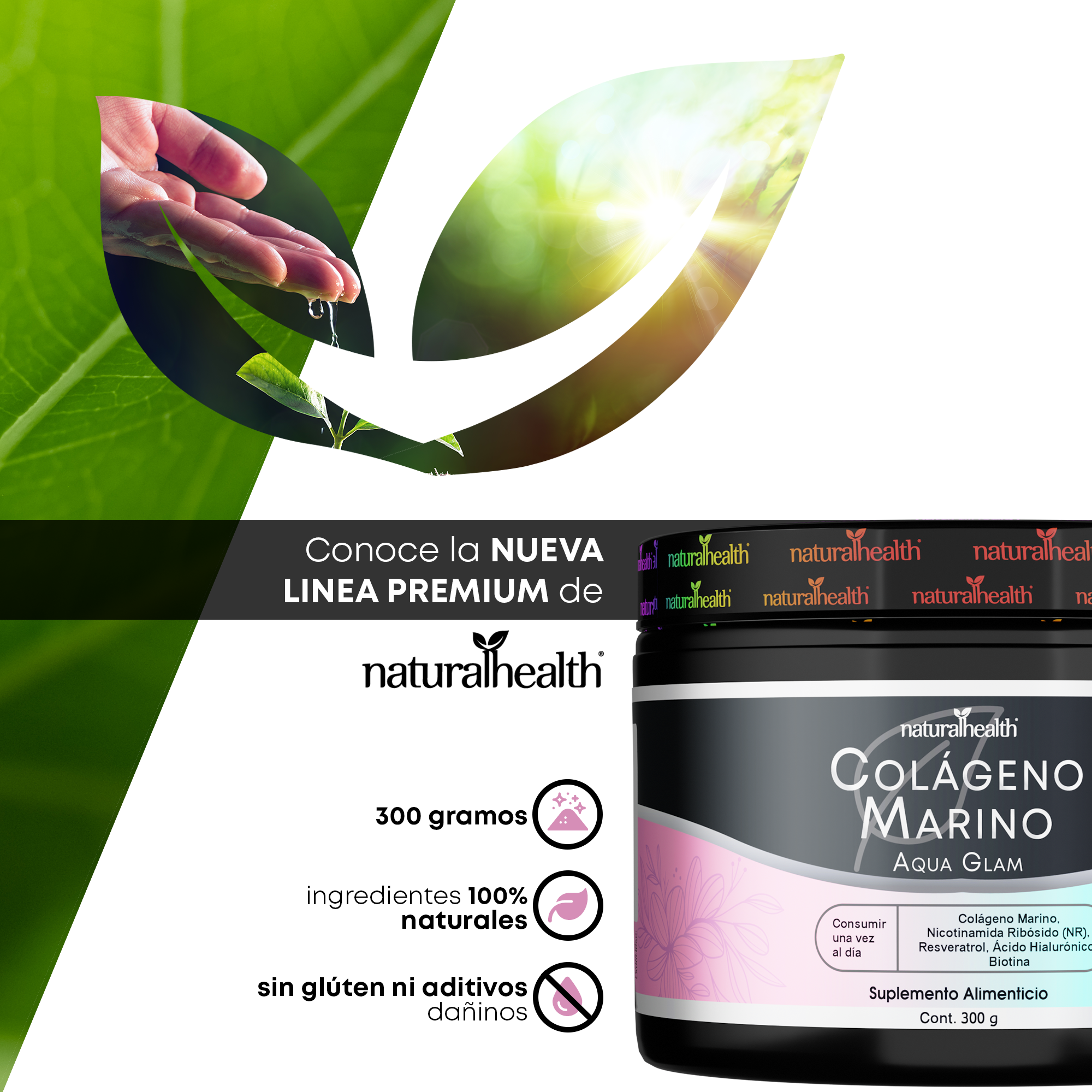 Aqua Glam | Colágeno marino con Resveratrol, NR, Vitaminas, Biotina y Ácido Hialurónico