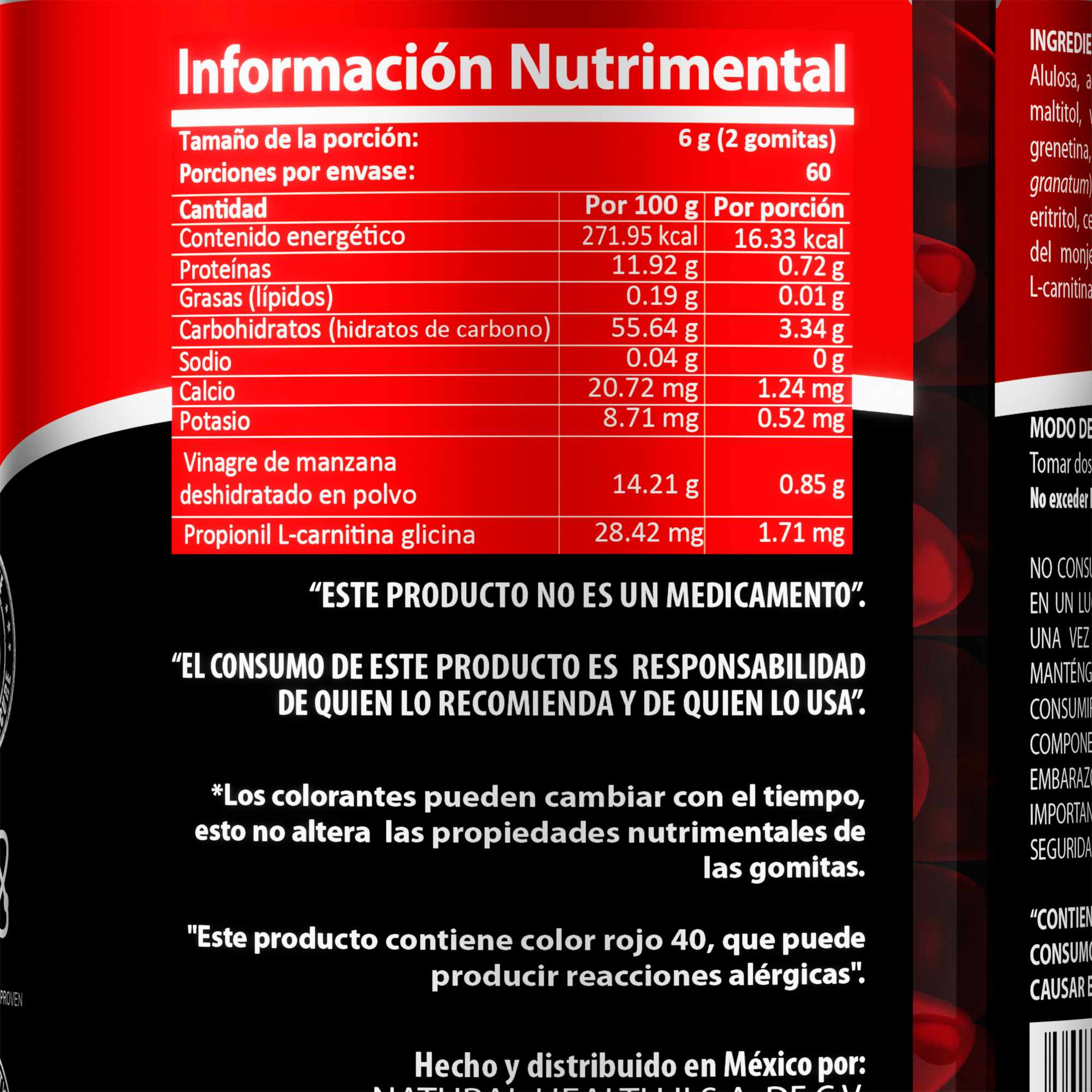 Vinagre de Manzana en Gomitas | L-Carnitina Glicina + Calcio y Potasio | 120 gomitas | Sabor cereza