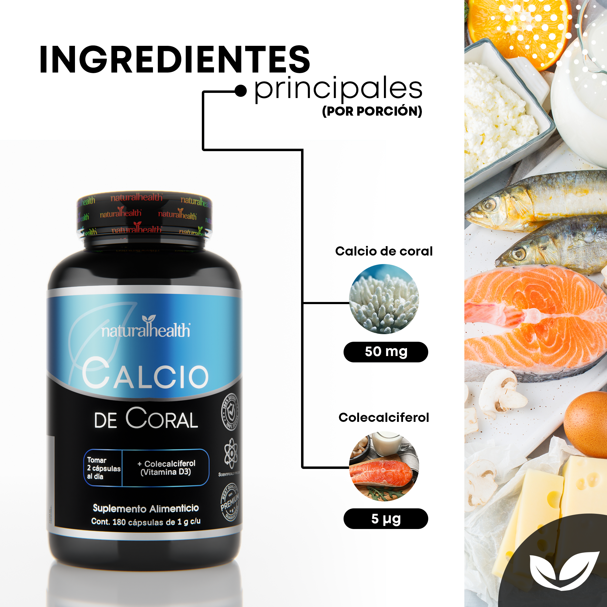 Calcio de Coral + Vitamina D3 | 180 cápsulas