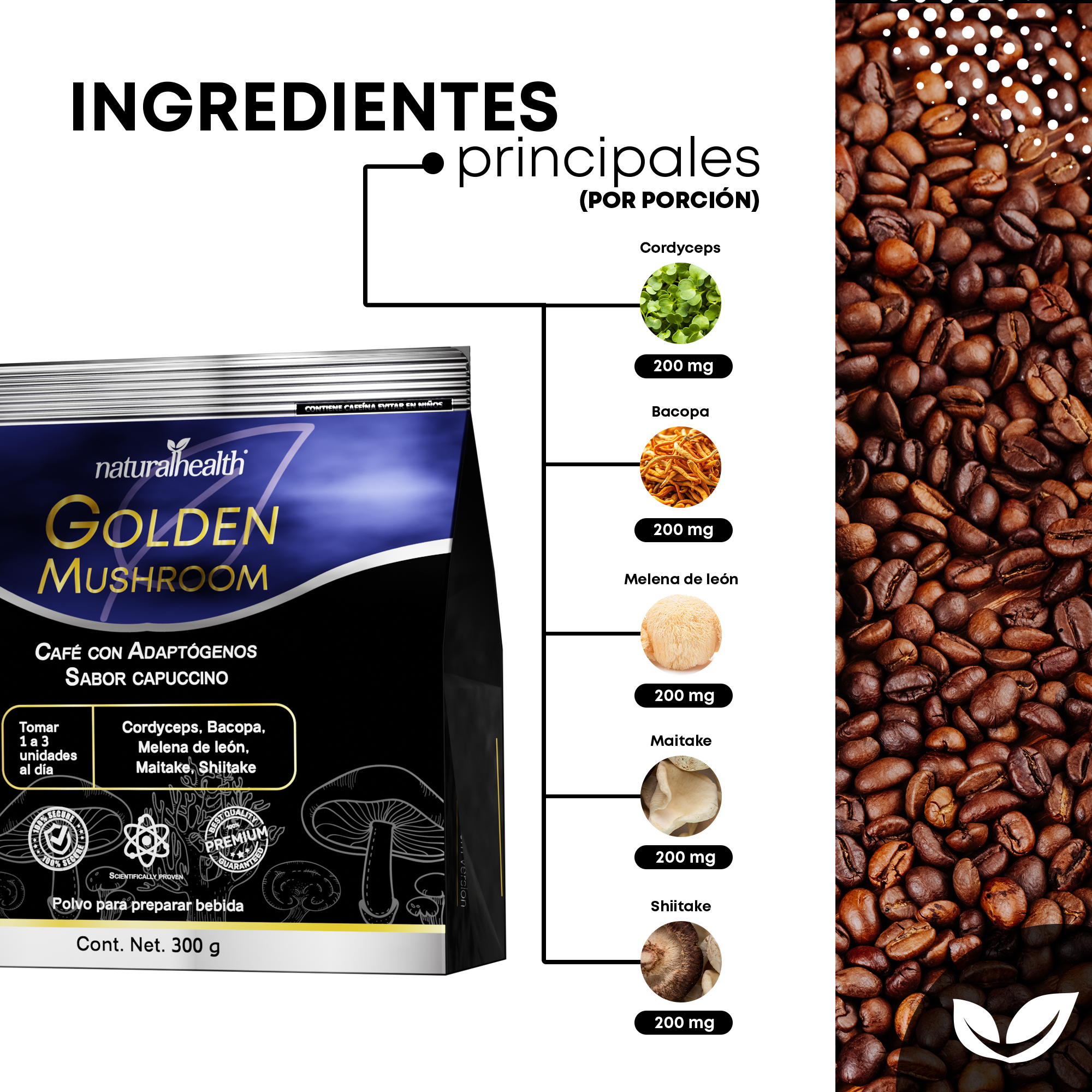 Golden Mushroom | Café con Melena de León, Maitake, Shiitake, Cordyceps y Bacopa