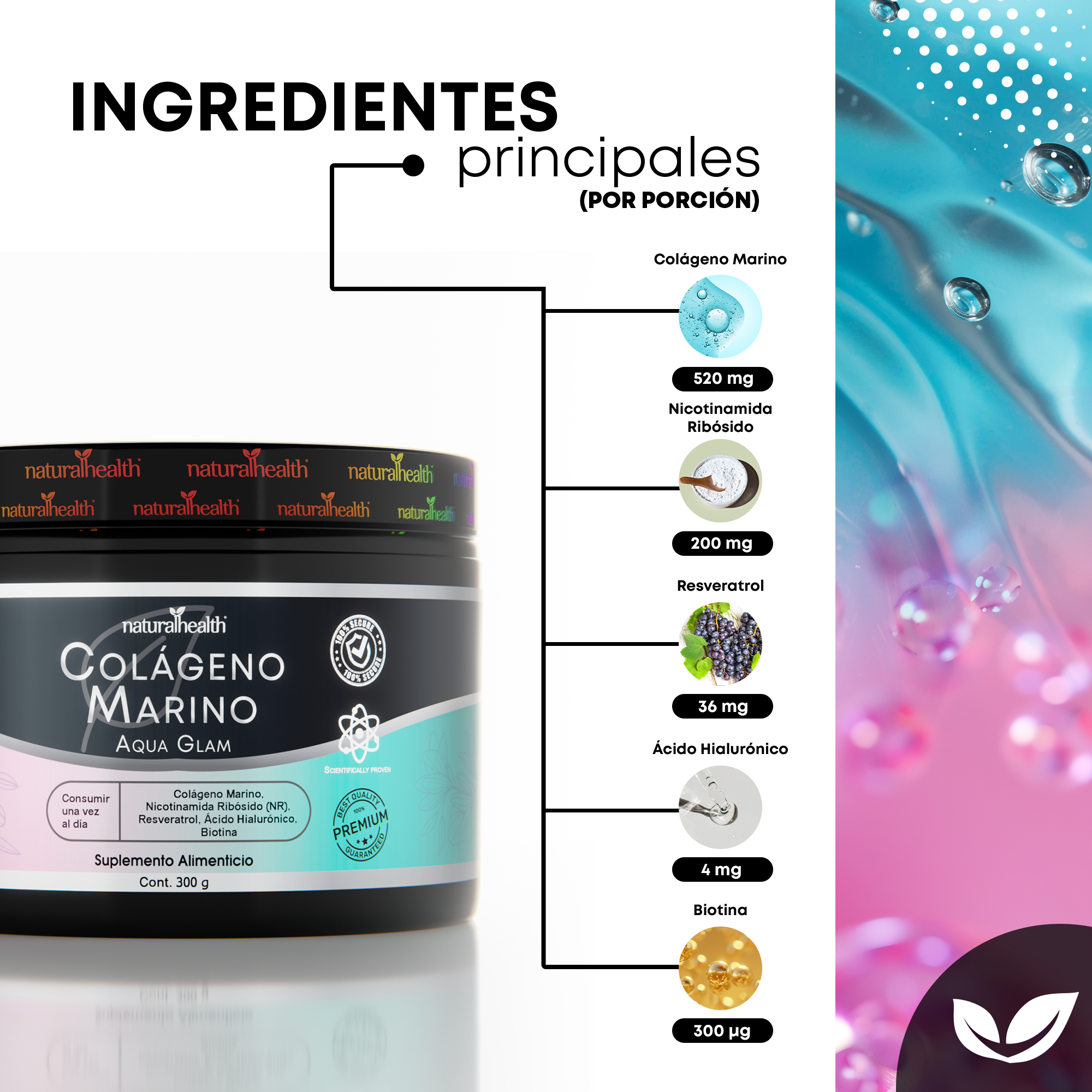 Aqua Glam | Colágeno marino con Resveratrol, NR, Vitaminas, Biotina y Ácido Hialurónico