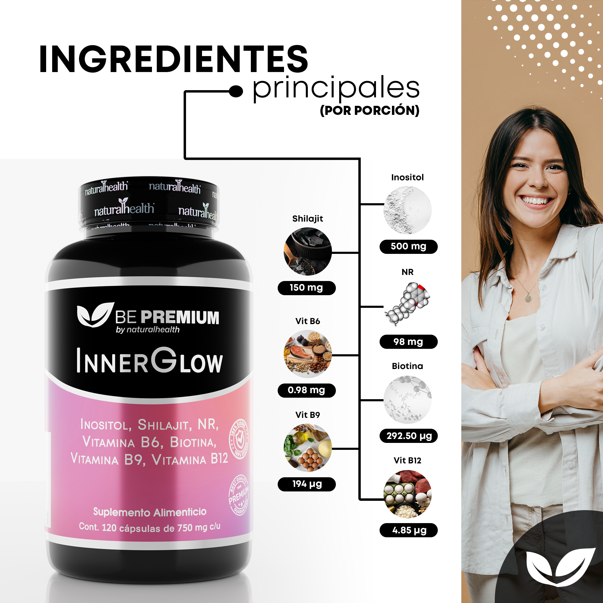 Suplemento para Mujer | Inositol, Shilajit, NR, Acido Fólico y Vitaminas | Origen Natural, 120 Cápsulas