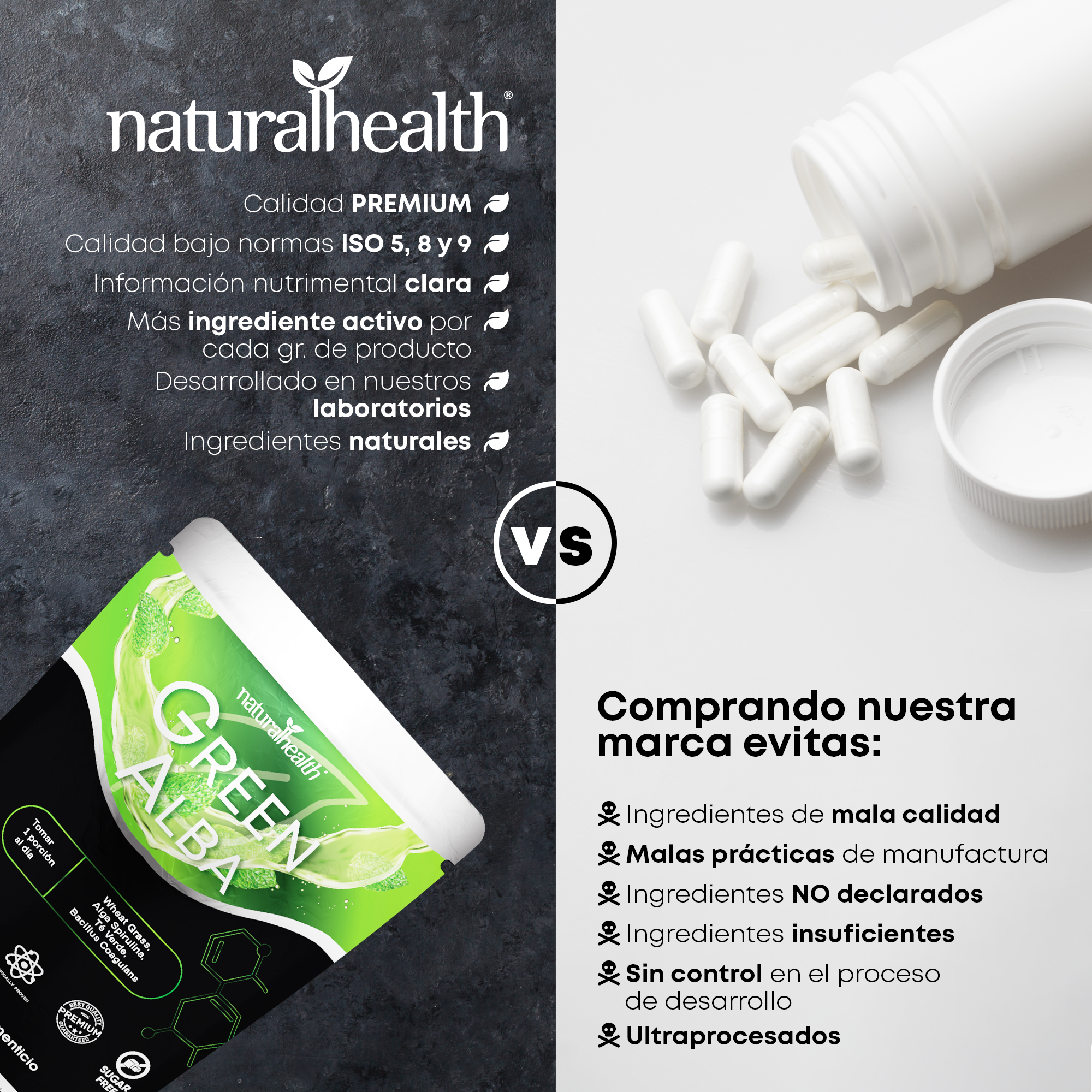 Green Alba | Mezcla de greens + Lactobacilos, Alga Espirulina, Clorofila y Vitamina D3