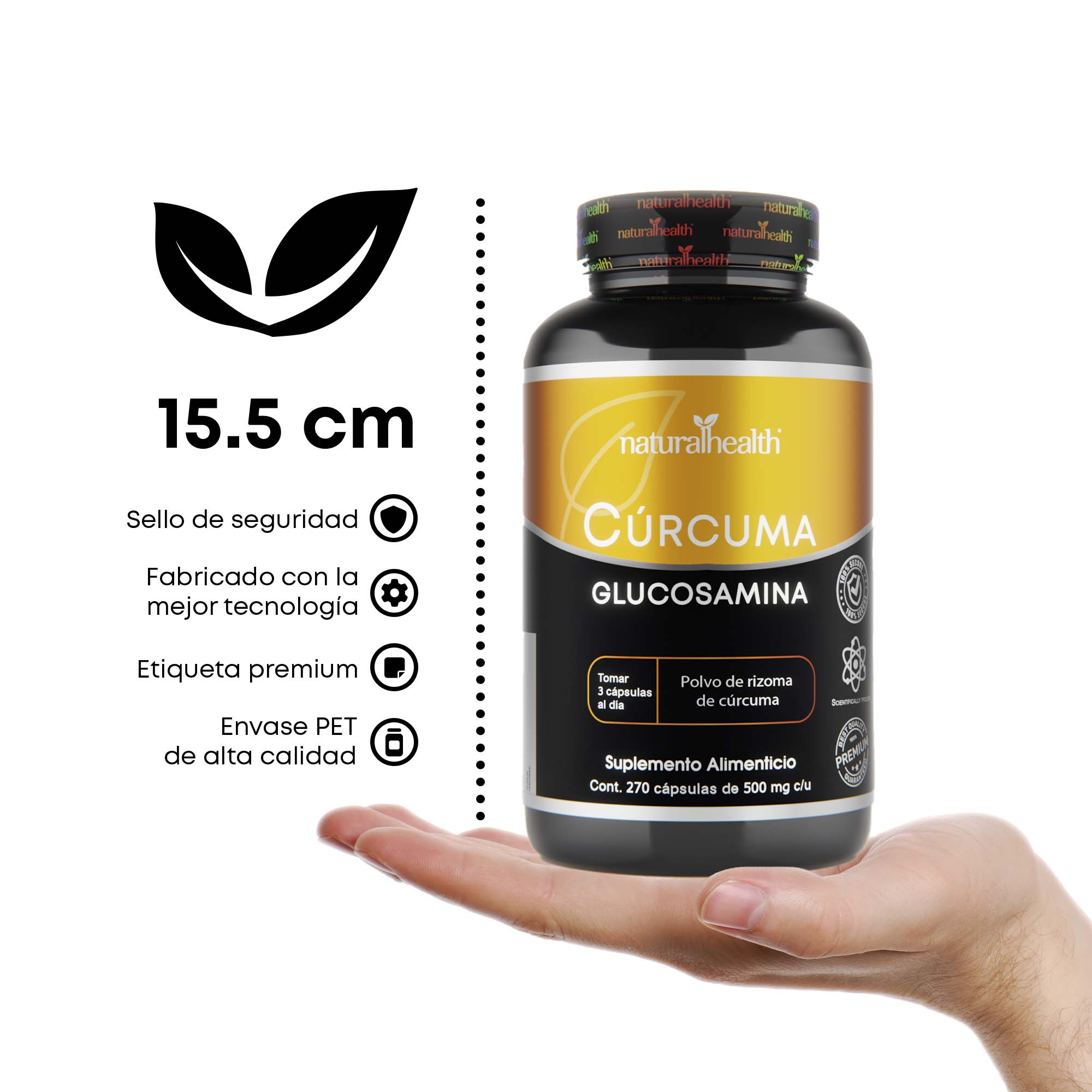Cúrcuma + Glucosamina | 270 cápsulas | Polvo de rizoma de Cúrcuma Natural