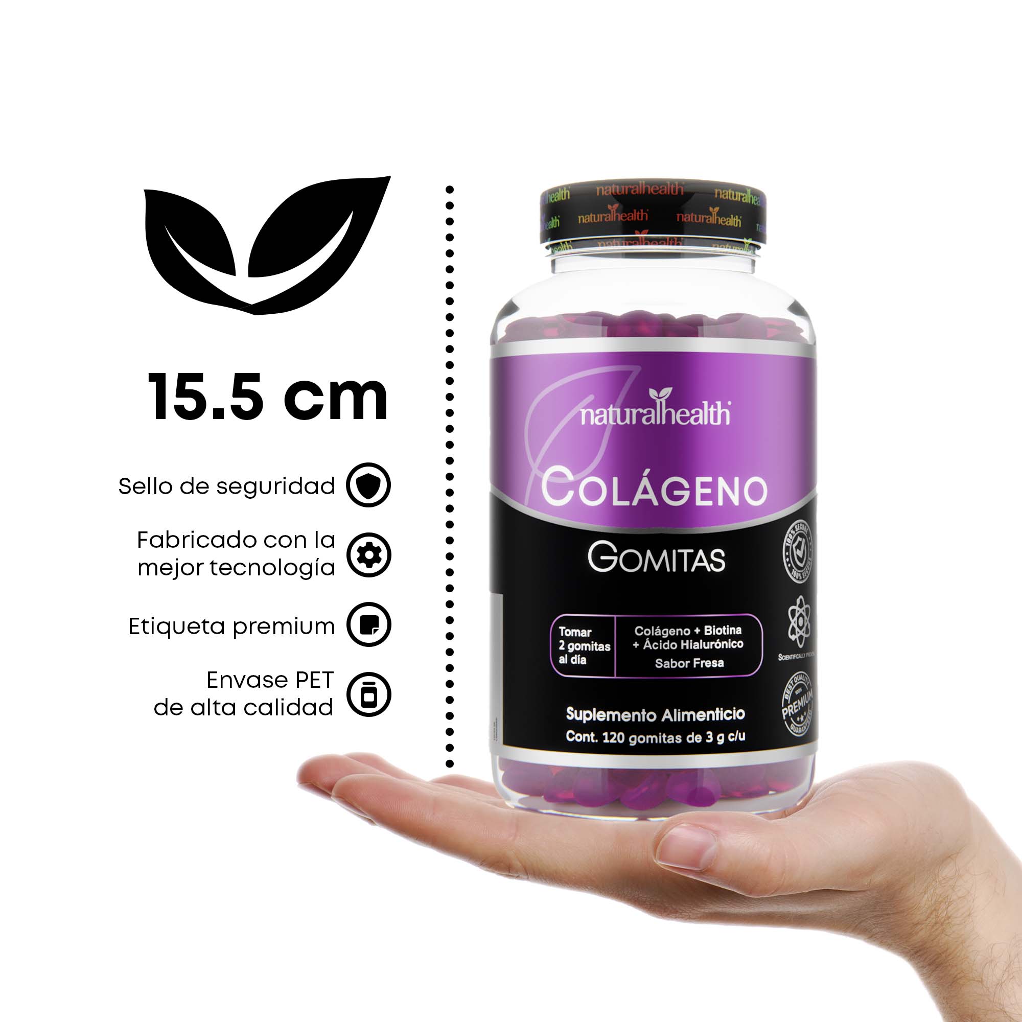 Colágeno en Gomitas | + Ácido Hialurónico y Biotina | 120 gomitas | Sabor fresa