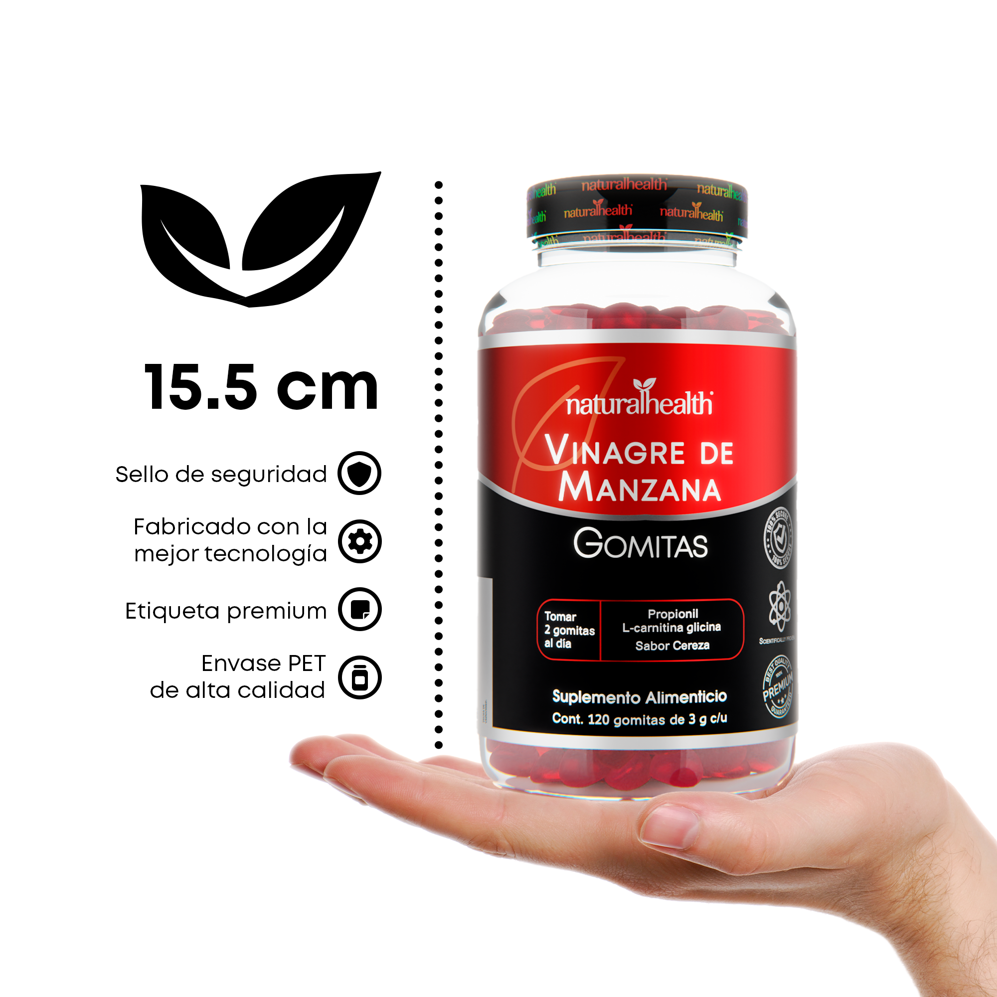 Vinagre de Manzana en Gomitas | L-Carnitina Glicina + Calcio y Potasio | 120 gomitas | Sabor cereza