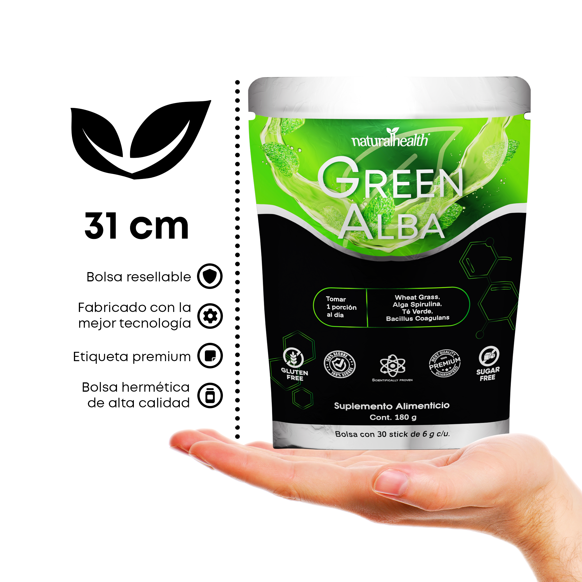 Green Alba | Mezcla de greens + Lactobacilos, Alga Espirulina, Clorofila y Vitamina D3