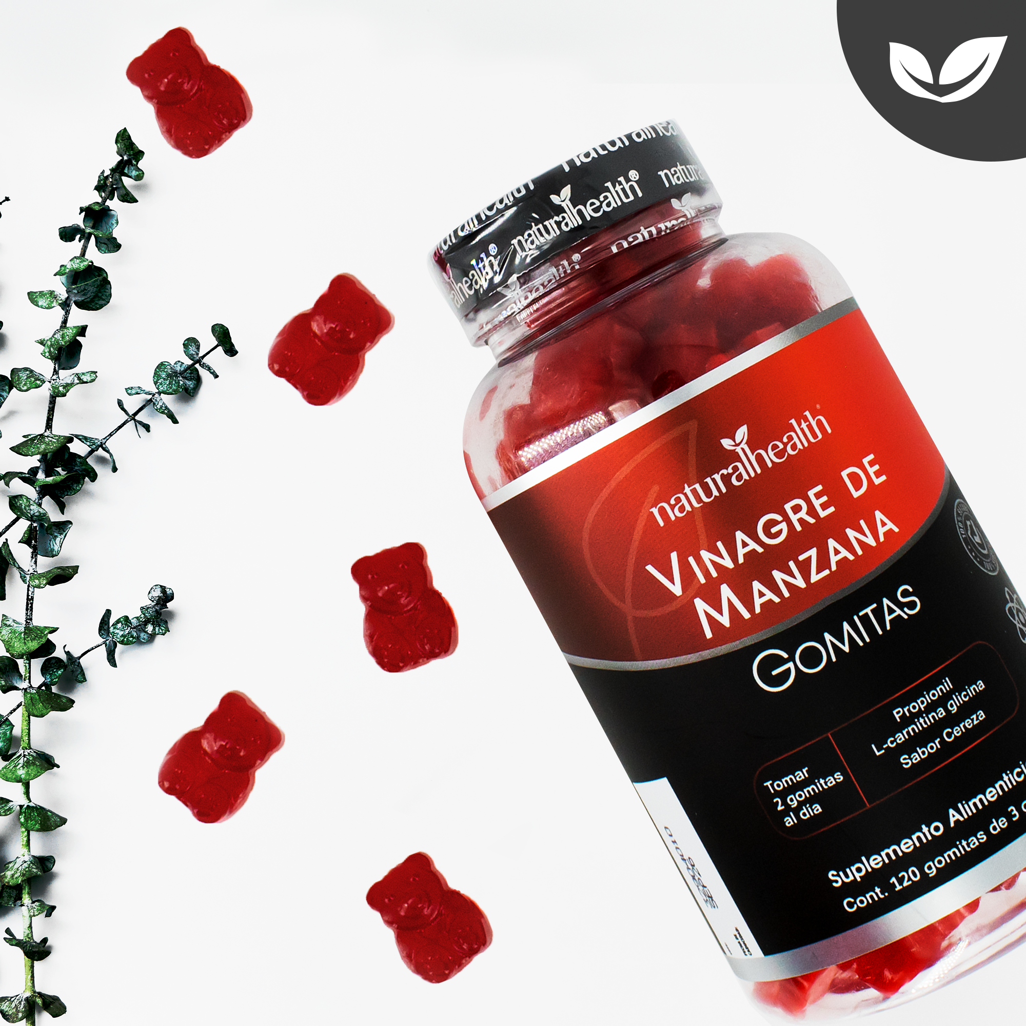Vinagre de Manzana en Gomitas | L-Carnitina Glicina + Calcio y Potasio | 120 gomitas | Sabor cereza