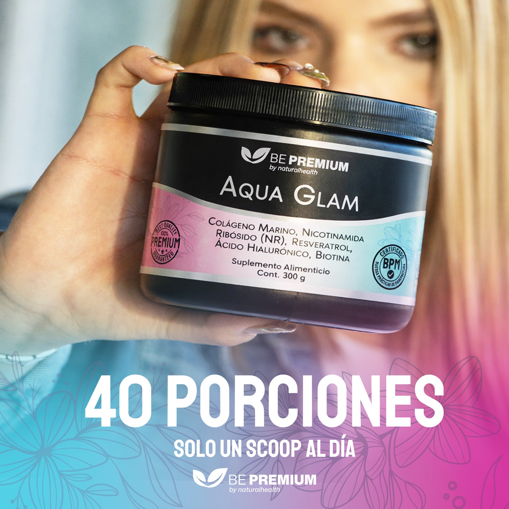 Aqua Glam | Colágeno marino con Resveratrol, NR, Vitaminas, Biotina y Ácido Hialurónico