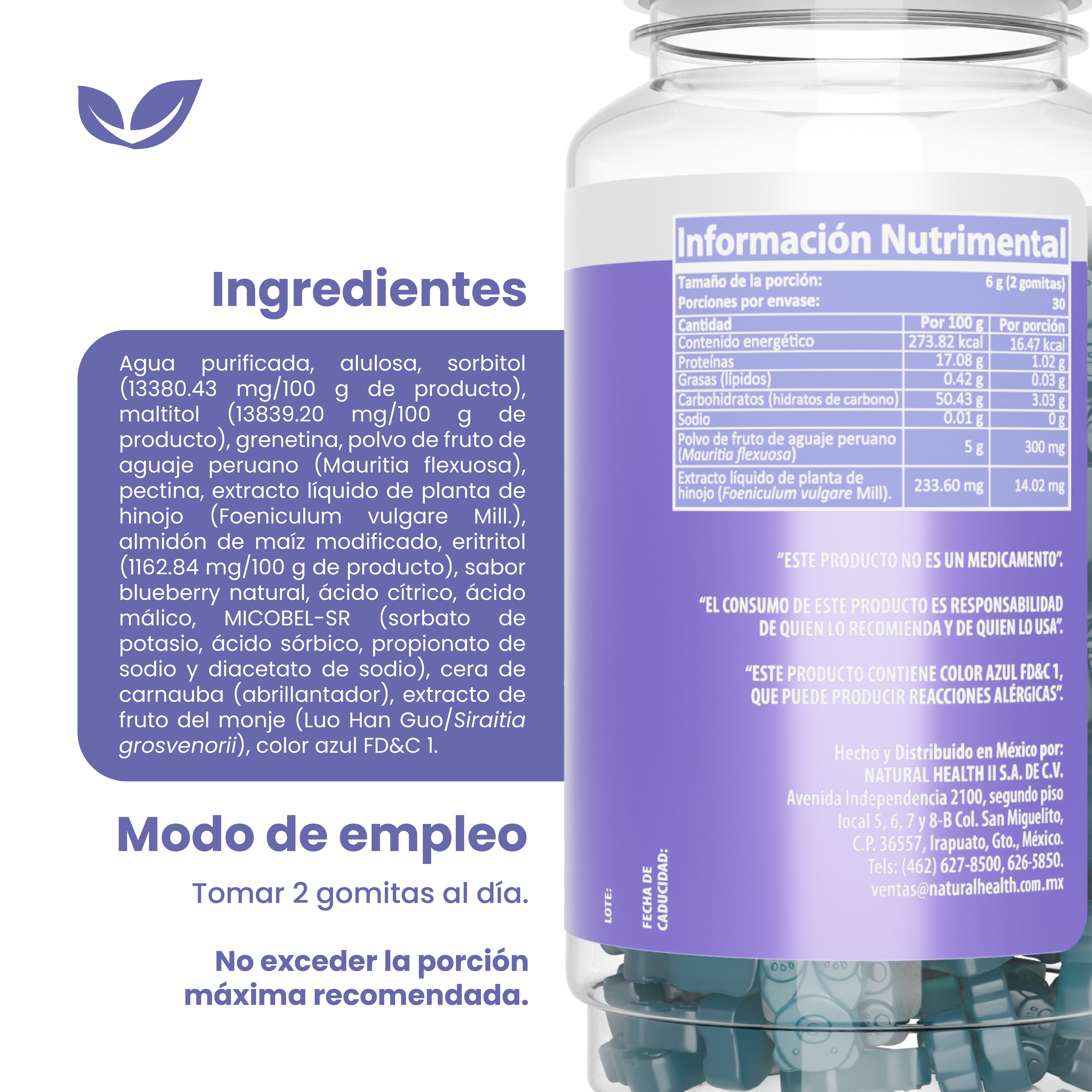 Aguaje Peruano e Hinojo Gomitas | Sin Azúcar, Sin Gluten, Sin GMO | Sabor blueberry 60 gomitas