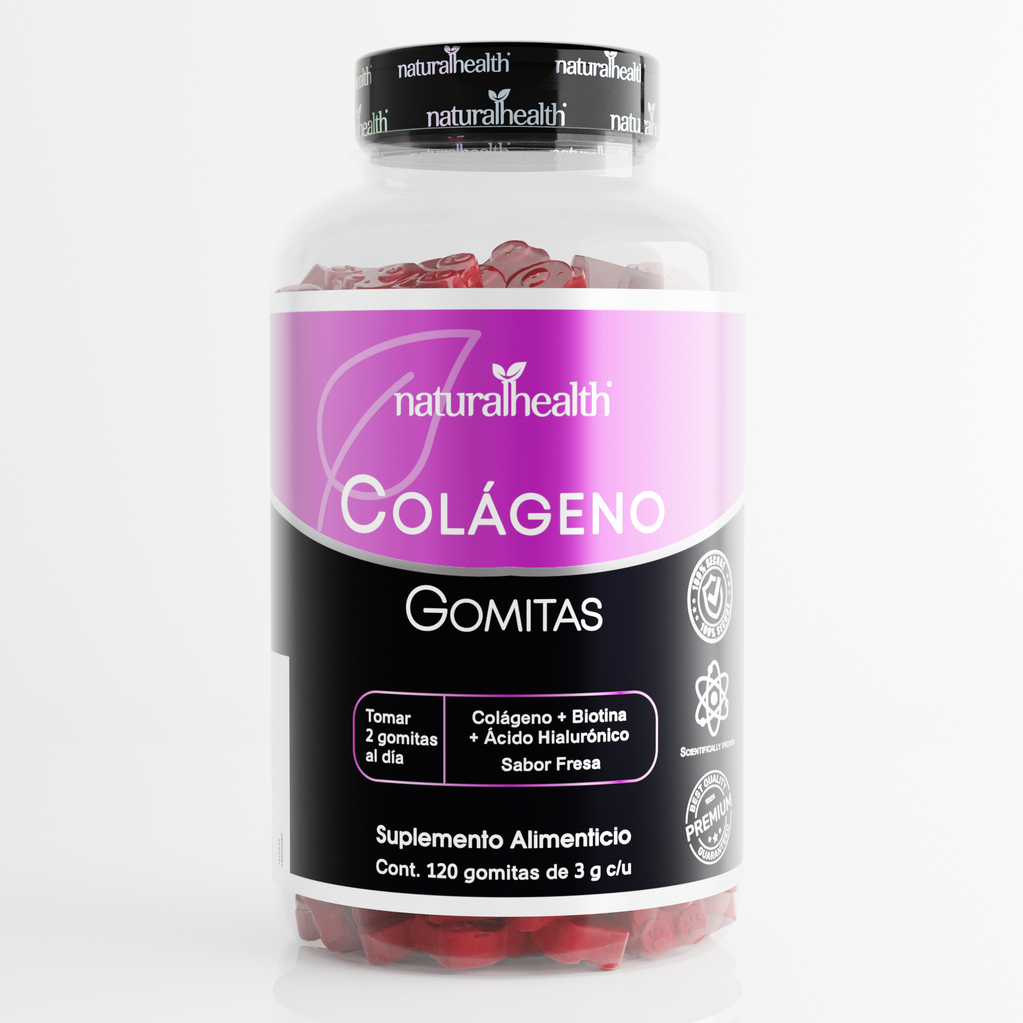 Colágeno en Gomitas | + Ácido Hialurónico y Biotina | 120 gomitas | Sabor fresa