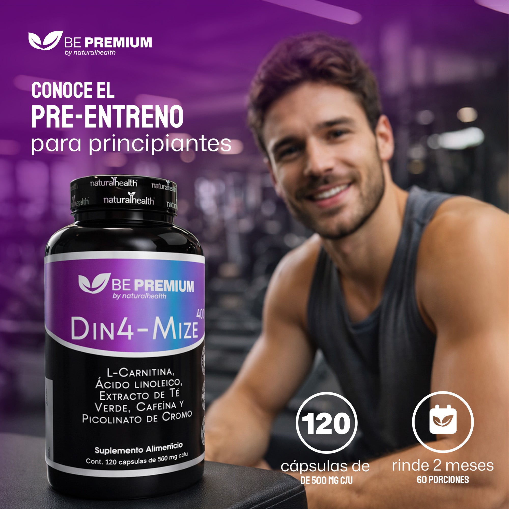 Dinamize 400 | Pre-entreno natural con L-Carnitina, CLA, Té Verde, Cafeína y Picolinato de Cromo | 120 cápsulas