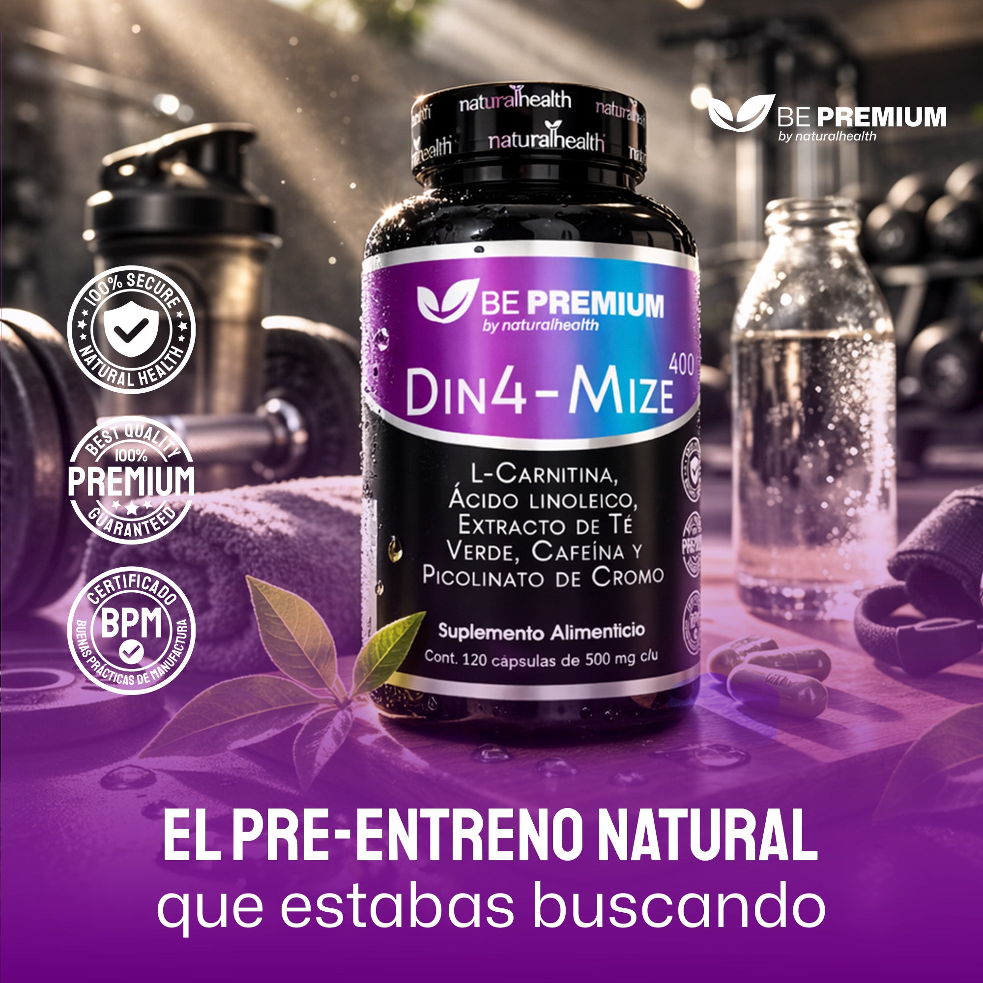 Dinamize 400 | Pre-entreno natural con L-Carnitina, CLA, Té Verde, Cafeína y Picolinato de Cromo | 120 cápsulas