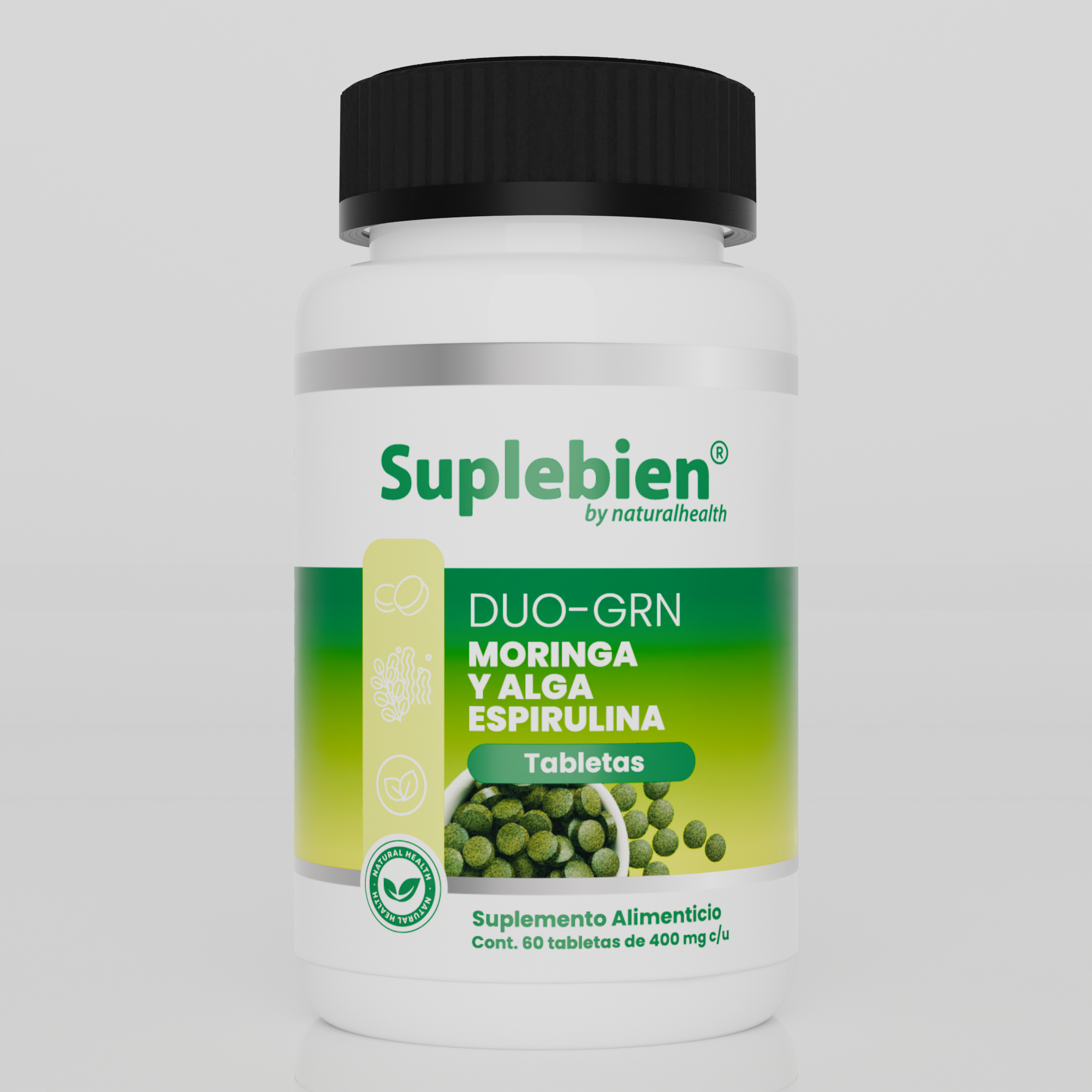 DUO-GRN Tableta Moringa-Espirulina, Frasco con 60 Tabletas de 400 mg c/u