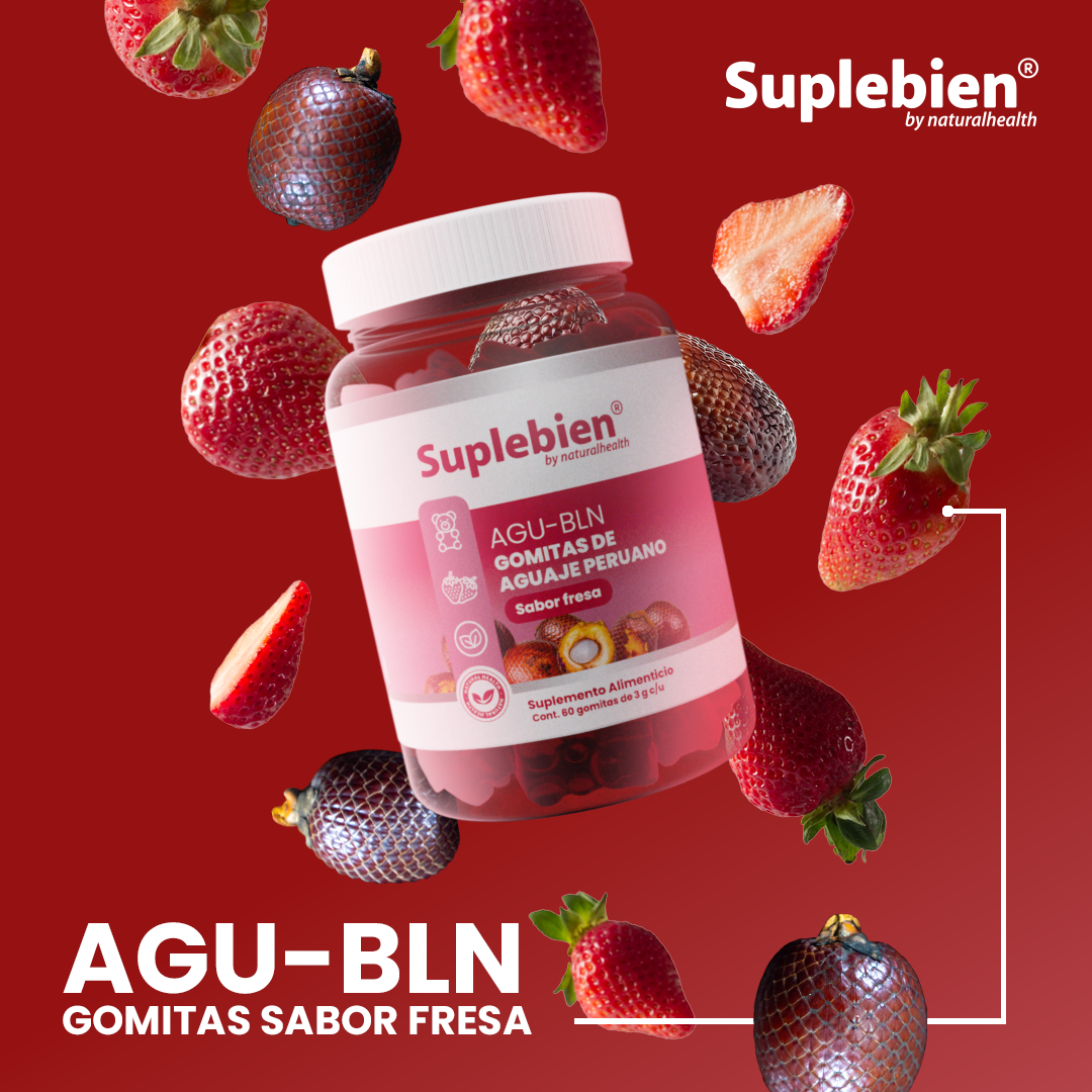 SUPLEBIEN AGU-BLN Gomitas de Aguaje Sabor Fresa, Frasco con 60 gomitas de 3g c/u