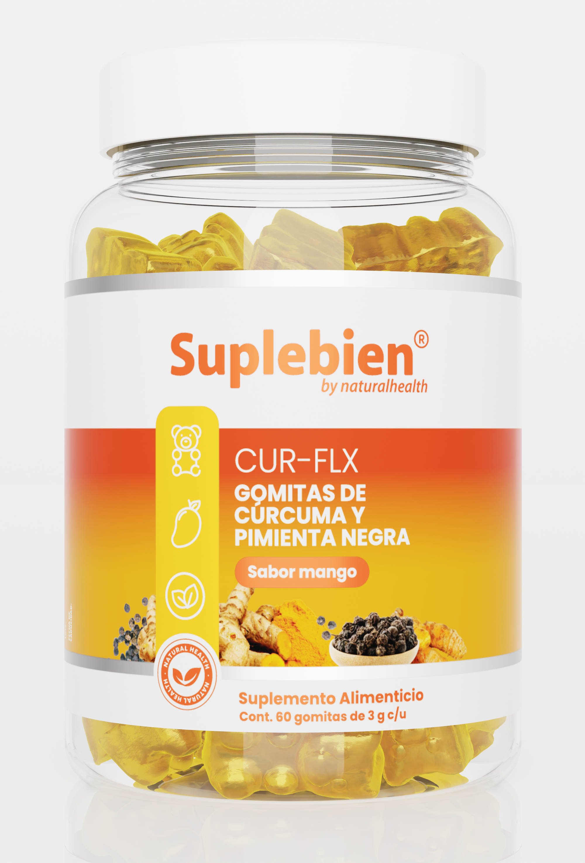 SUPLEBIEN CUR-FLX. Gomitas de Cúrcuma y Pimienta Negra. Sabor Mango. 60 gomitas de 3g c/u.