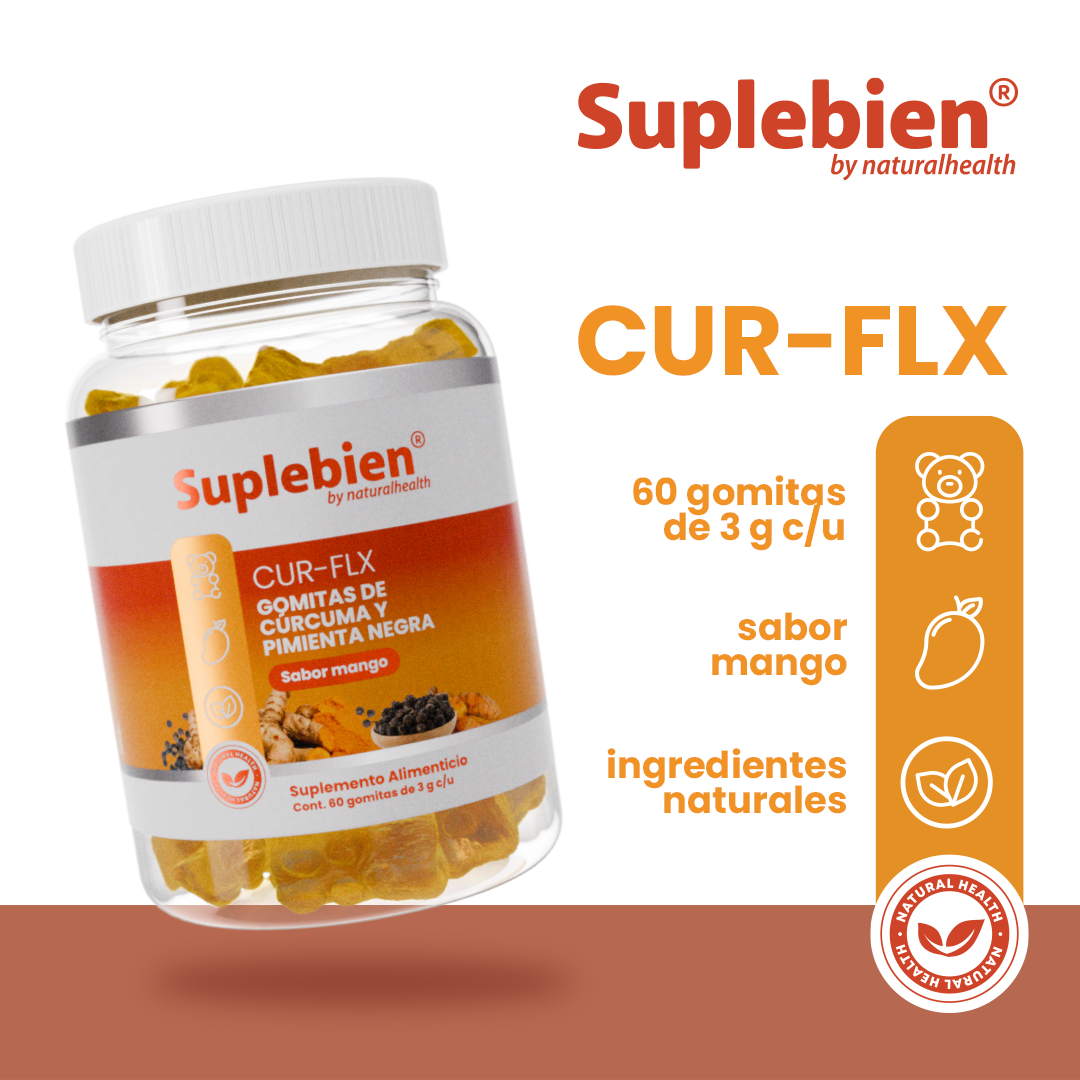 SUPLEBIEN CUR-FLX. Gomitas de Cúrcuma y Pimienta Negra. Sabor Mango. 60 gomitas de 3g c/u.
