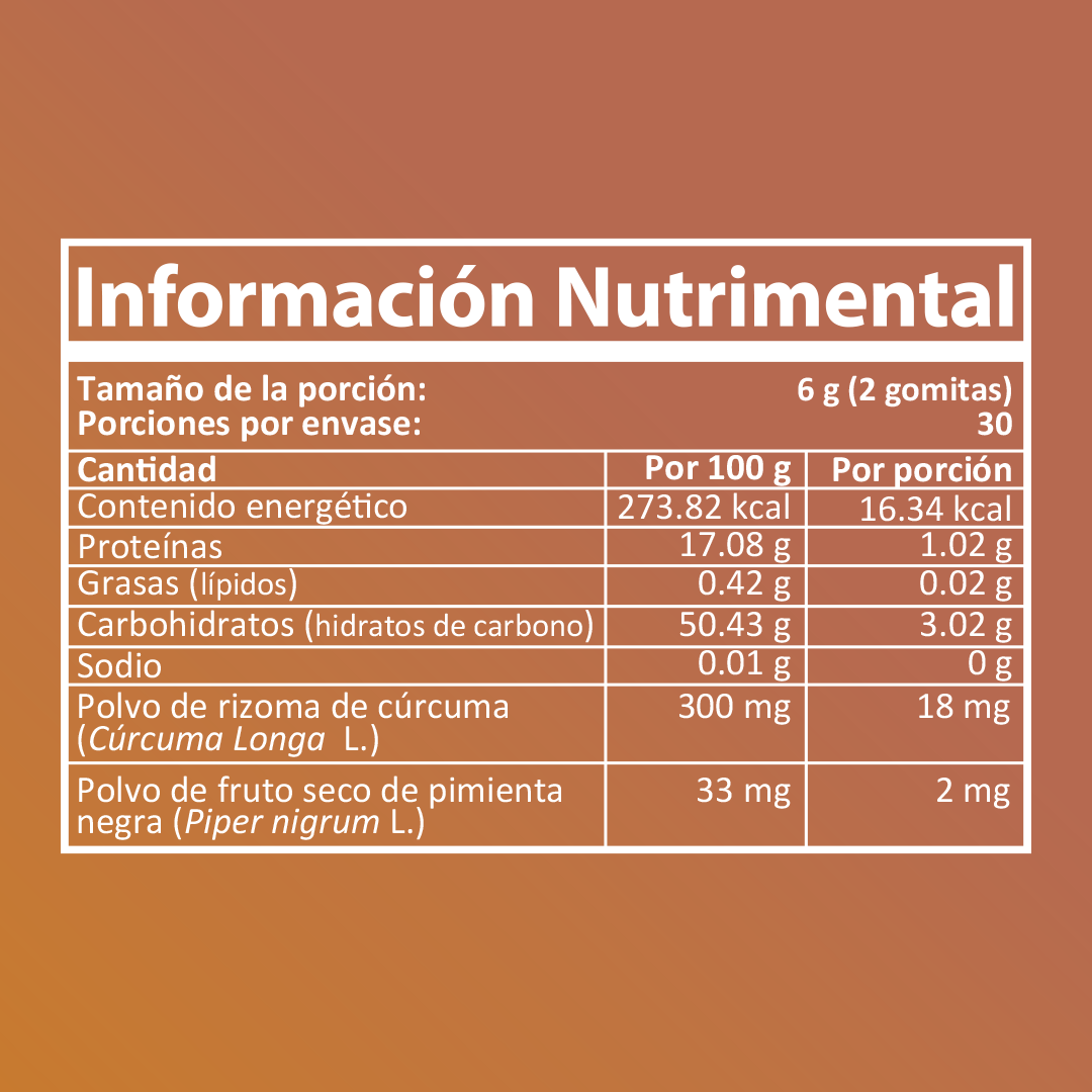 SUPLEBIEN CUR-FLX. Gomitas de Cúrcuma y Pimienta Negra. Sabor Mango. 60 gomitas de 3g c/u.