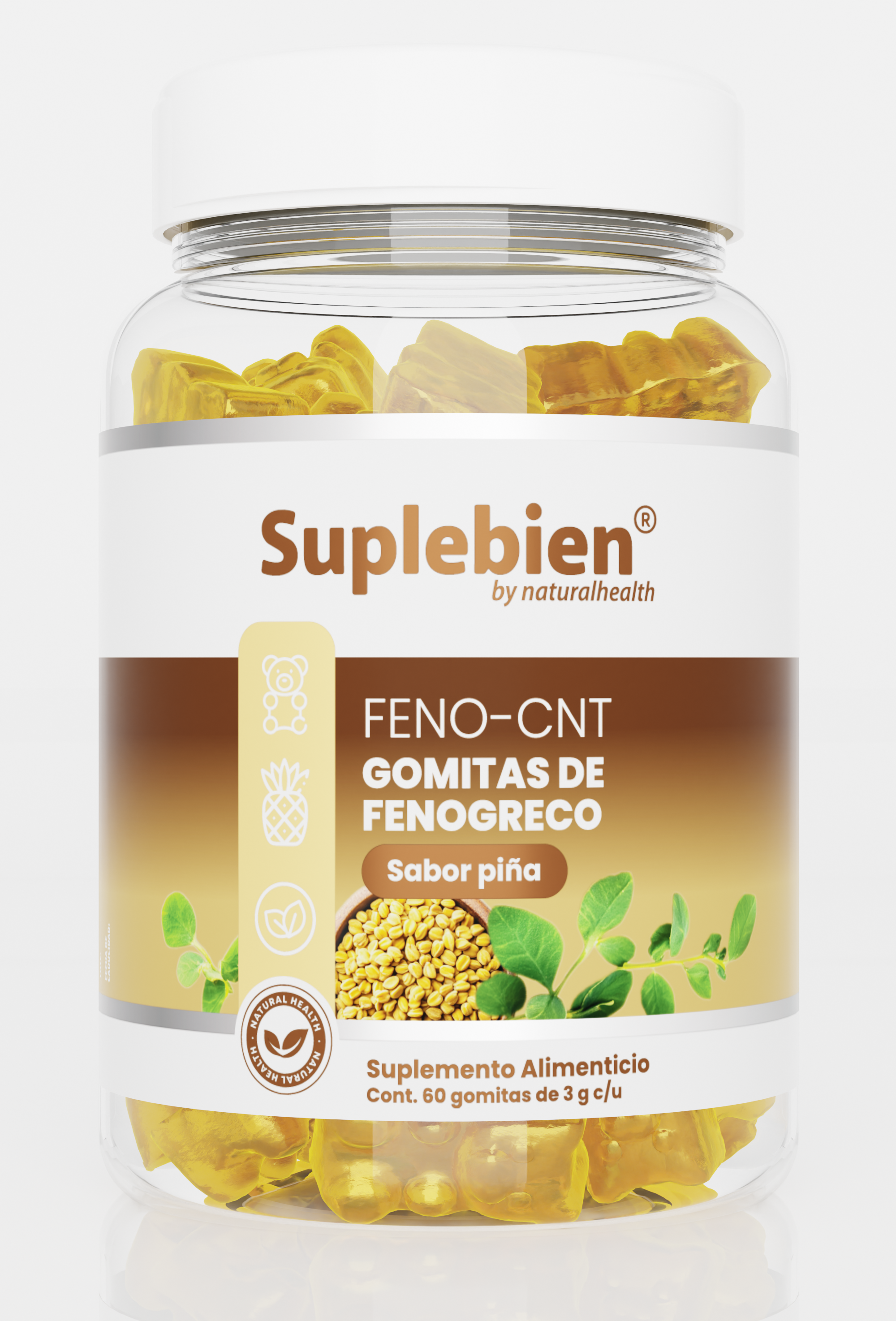 SUPLEBIEN FENO-CNT. Gomitas de Fenogreco Sabor Piña. 60 gomitas de 3 g c/u.
