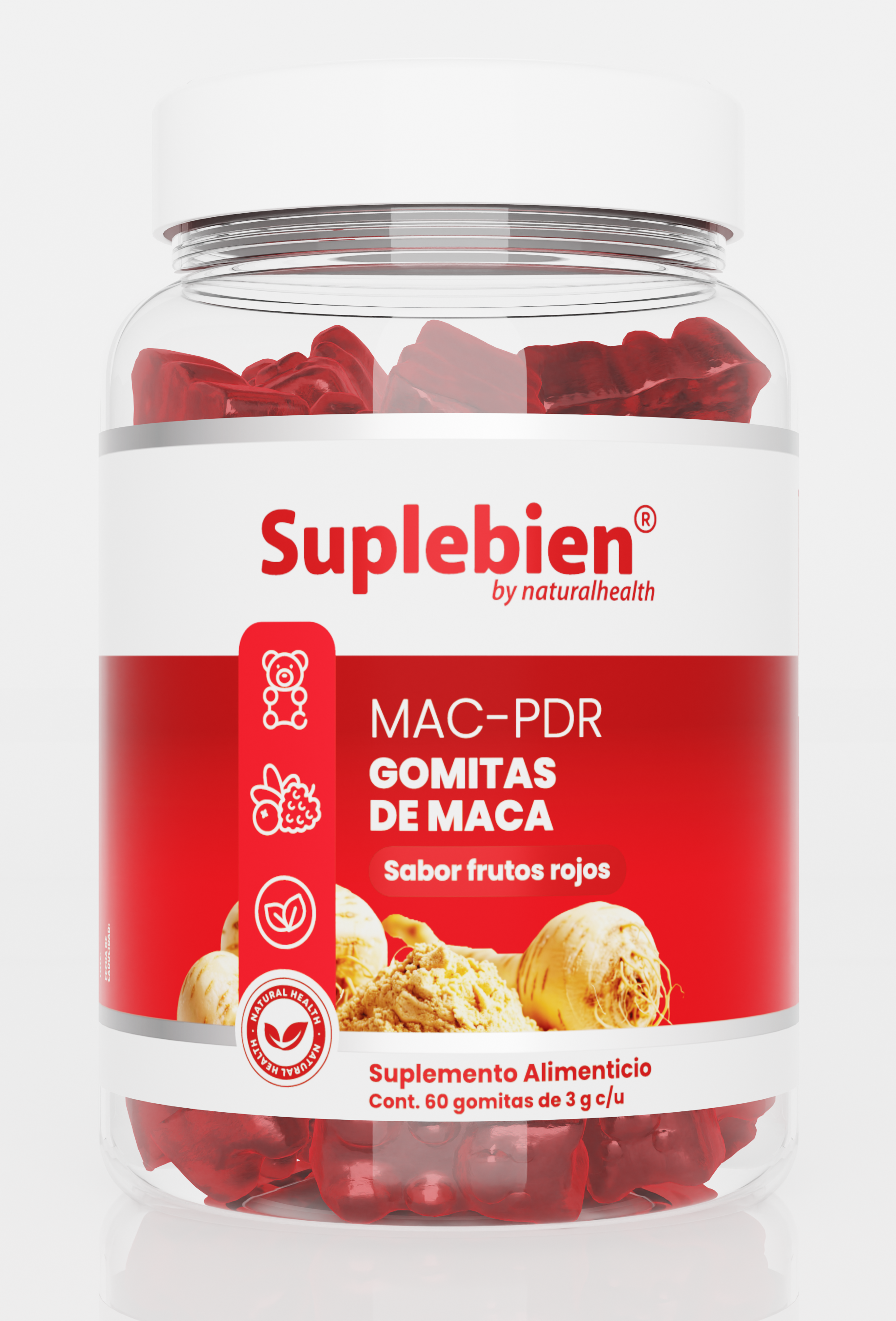 SUPLEBIEN MAC- PDR. Gomitas de Maca Sabor frutos Rojos Cont. 60 gomitas de 3g c/u