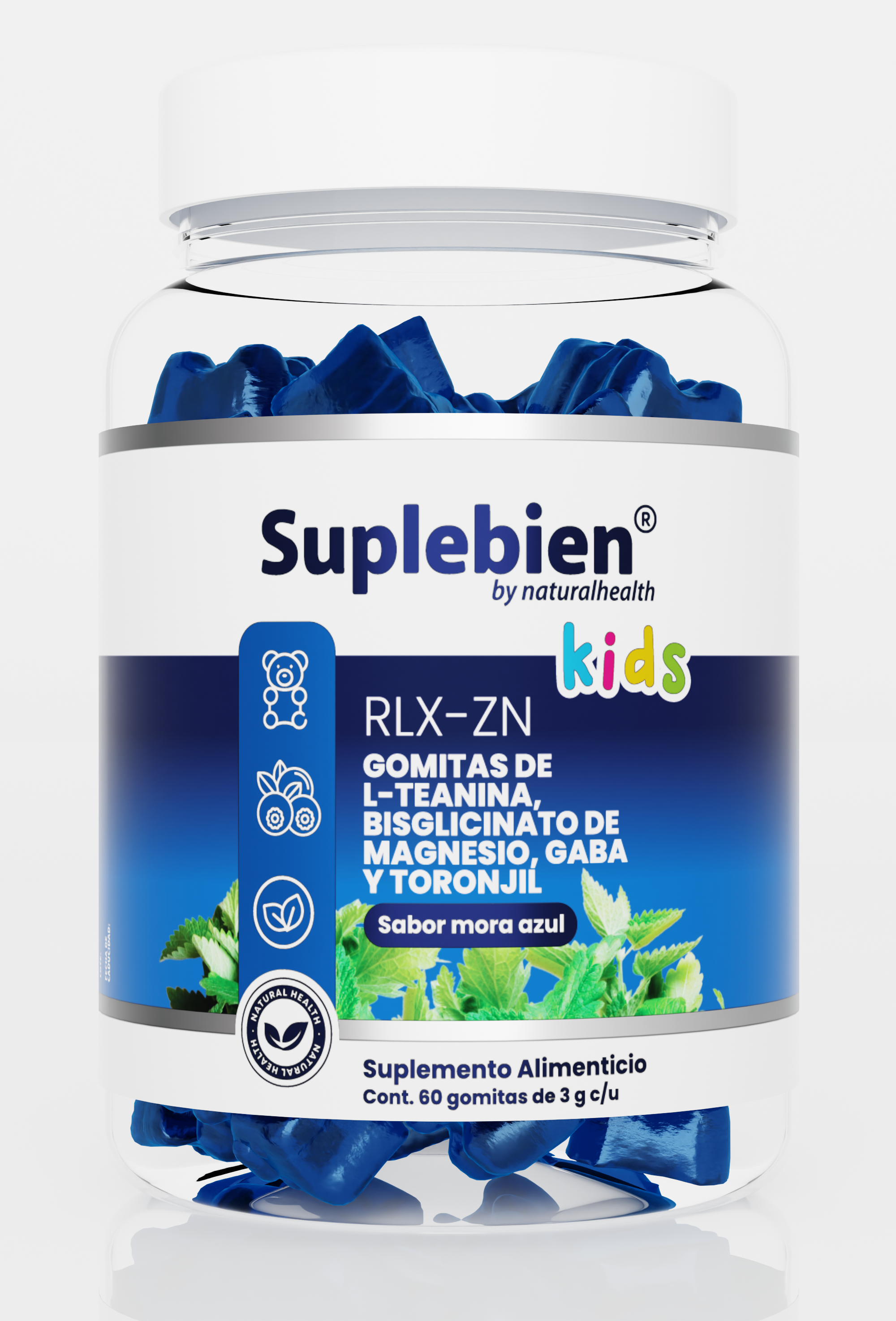 SUPLEBIEN RLX-ZN Gomitas Kids. Glicinato de Magnesio, L-teanina, GABA y Toronjil. Sabor Mora Azul, Frasco con 60 Gomitas de 3 G C/U