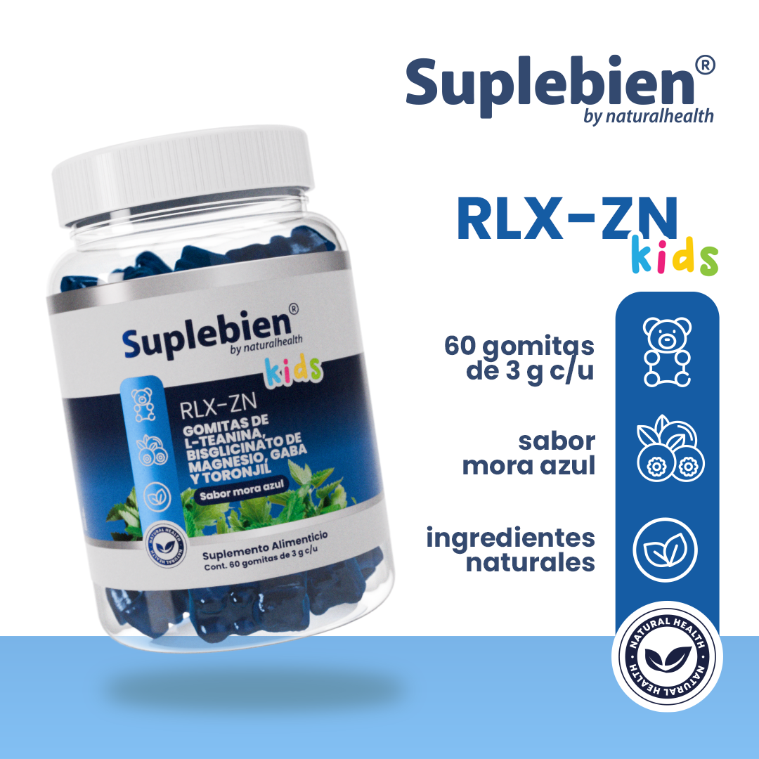 SUPLEBIEN RLX-ZN Gomitas Kids. Glicinato de Magnesio, L-teanina, GABA y Toronjil. Sabor Mora Azul, Frasco con 60 Gomitas de 3 G C/U