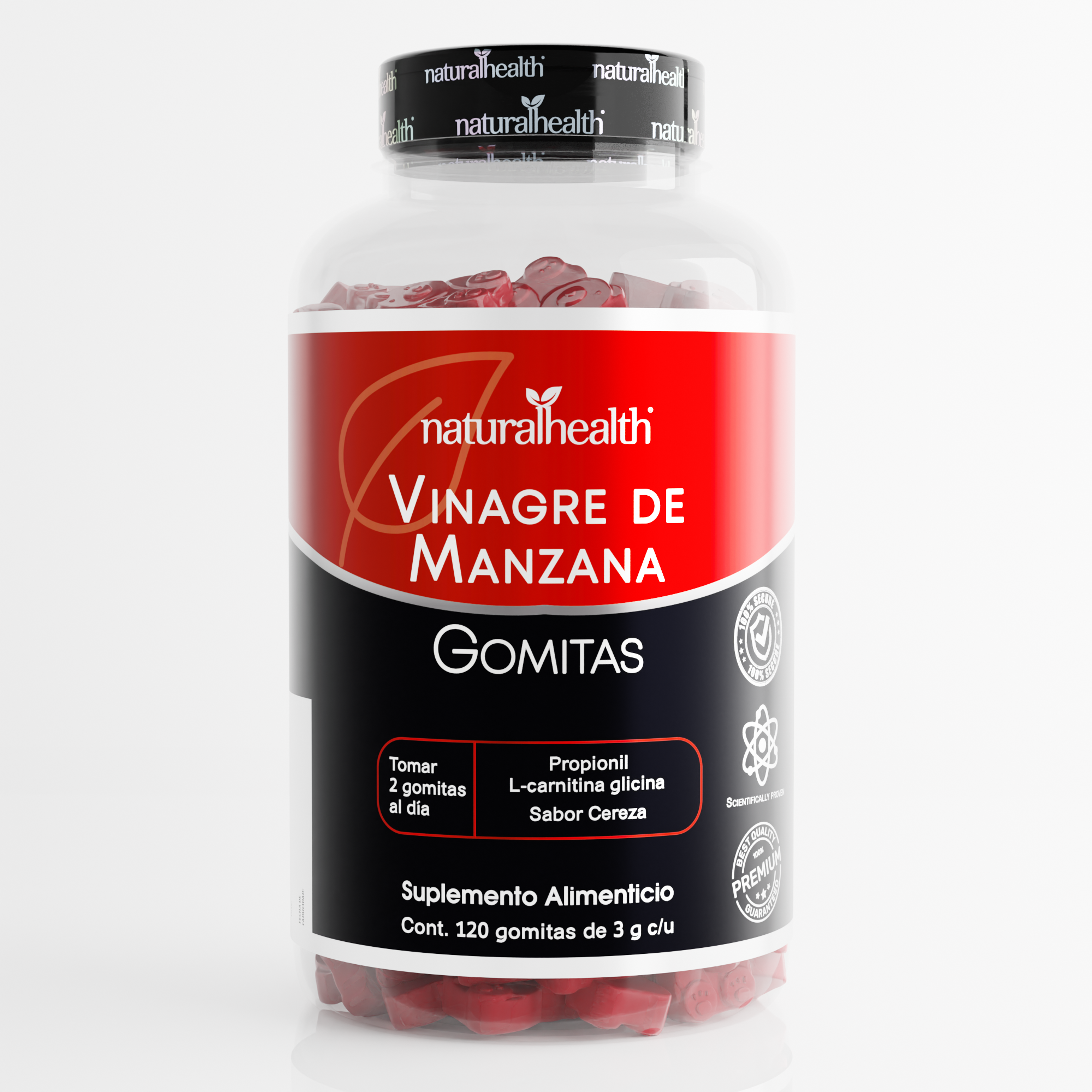 Vinagre de Manzana en Gomitas | L-Carnitina Glicina + Calcio y Potasio | 120 gomitas | Sabor cereza