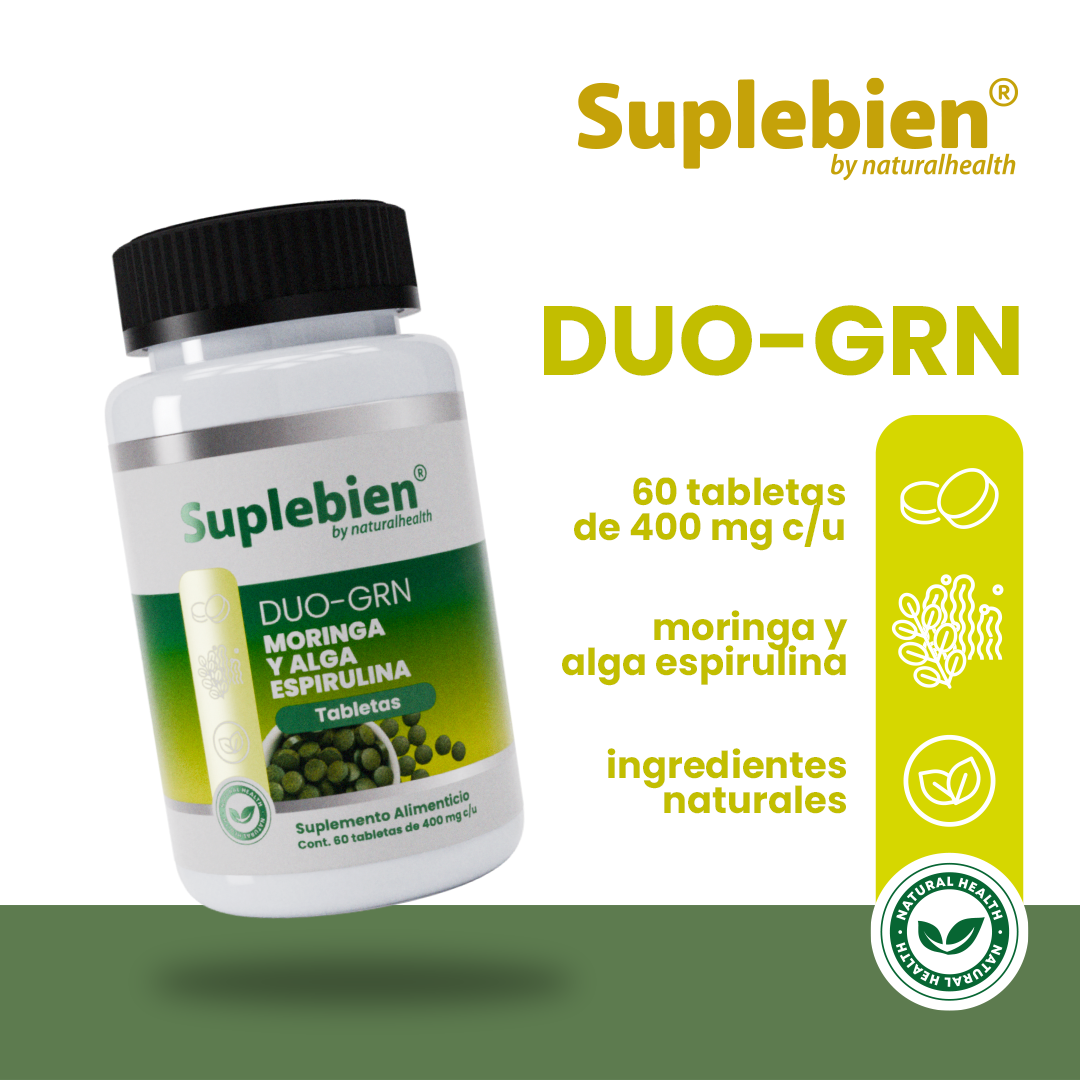 SUPLEBIEN DUO-GRN Tableta Moringa-Espirulina, Frasco con 60 Tabletas de 400 mg c/u