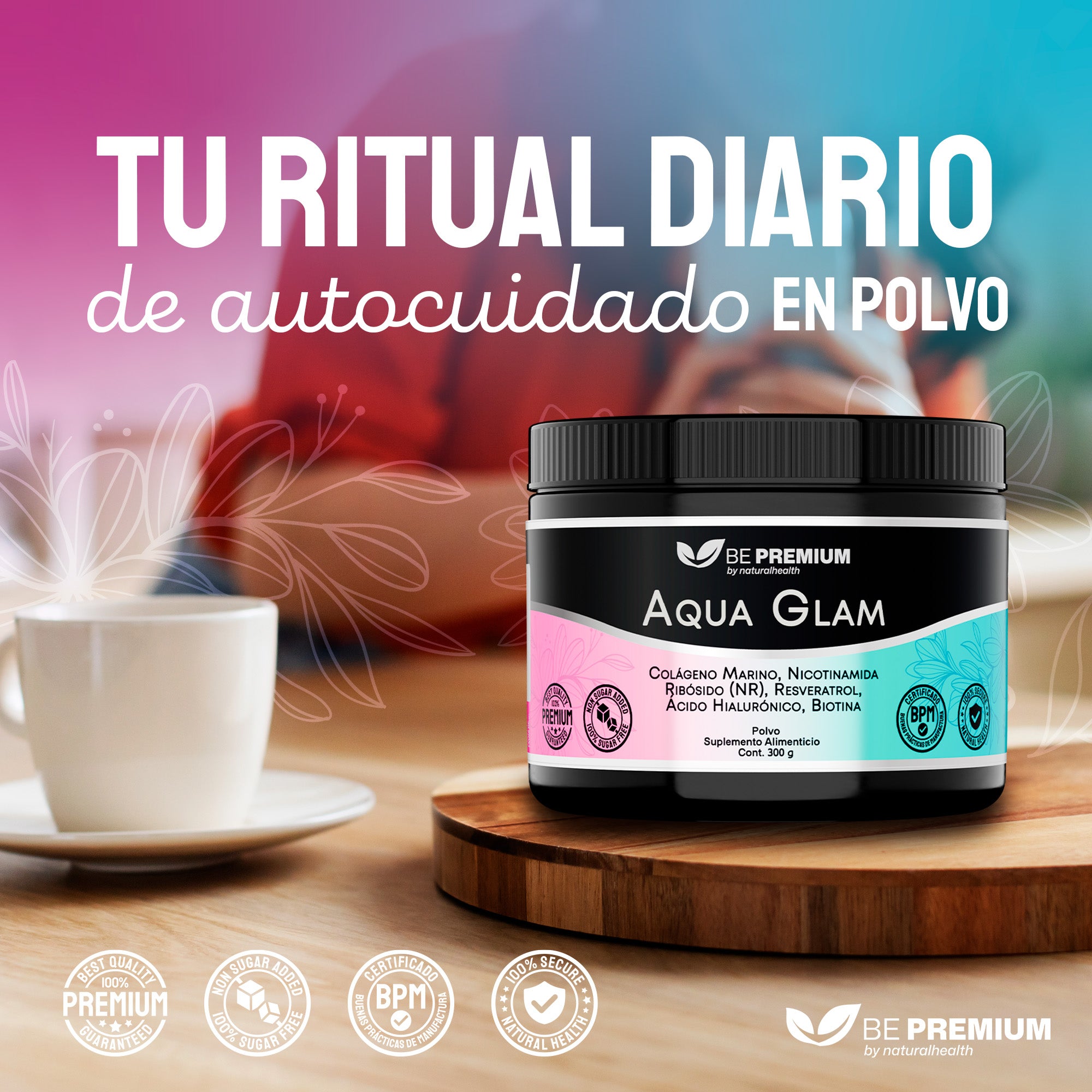Aqua Glam | Colágeno marino con Resveratrol, NR, Vitaminas, Biotina y Ácido Hialurónico