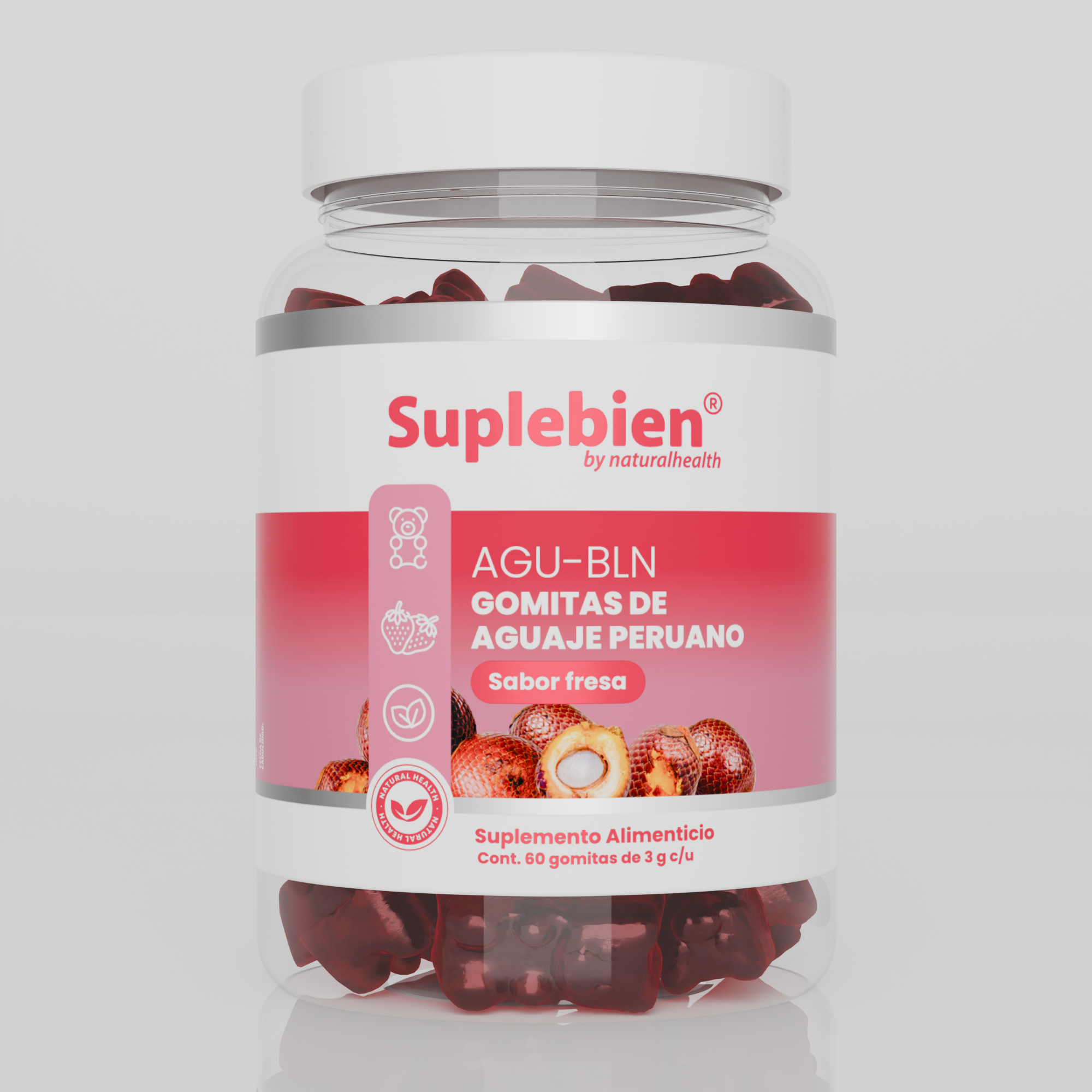 AGU-BLN Gomitas de Aguaje Sabor Fresa, Frasco con 60 gomitas de 3g c/u