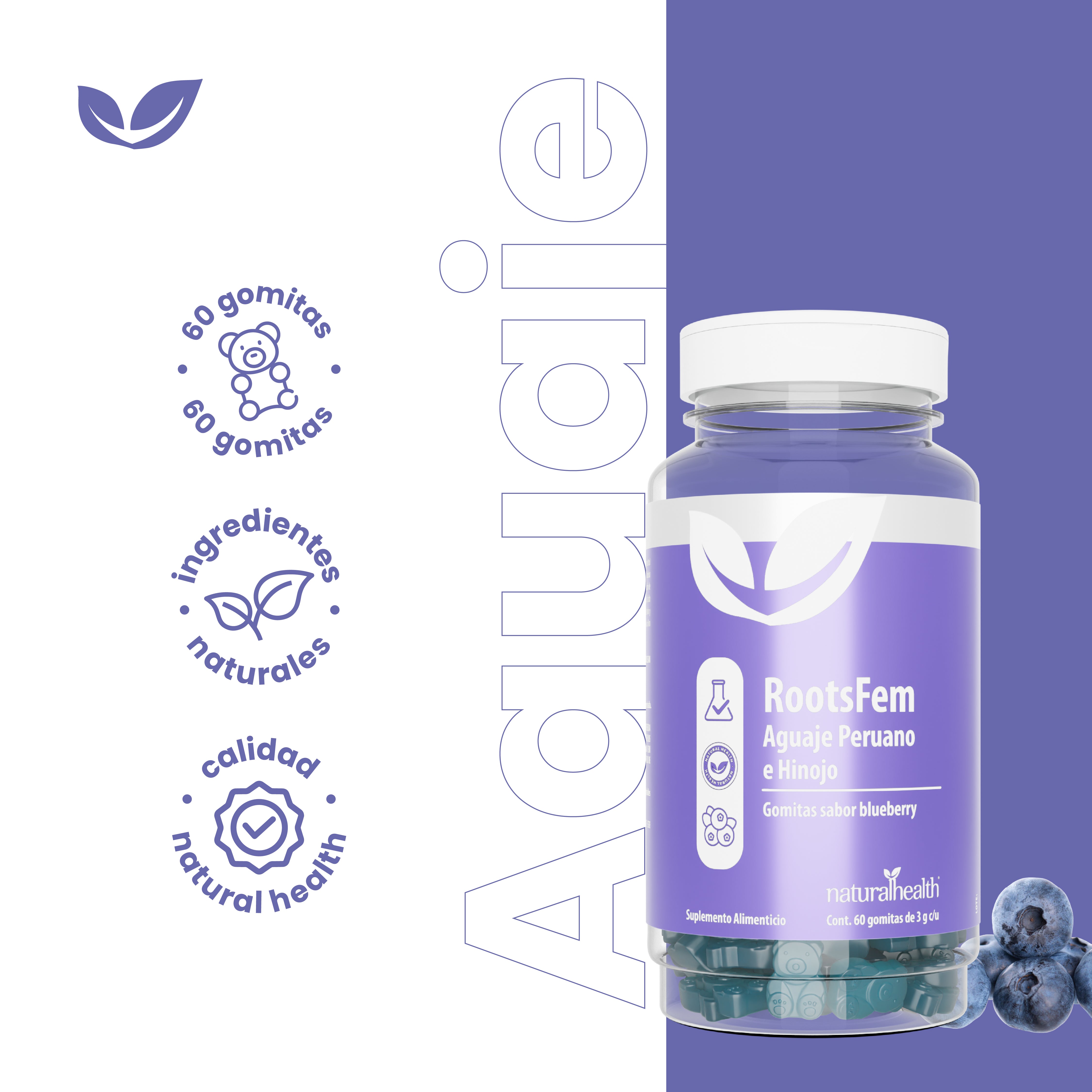Aguaje Peruano e Hinojo Gomitas | Sin Azúcar, Sin Gluten, Sin GMO | Sabor blueberry 60 gomitas