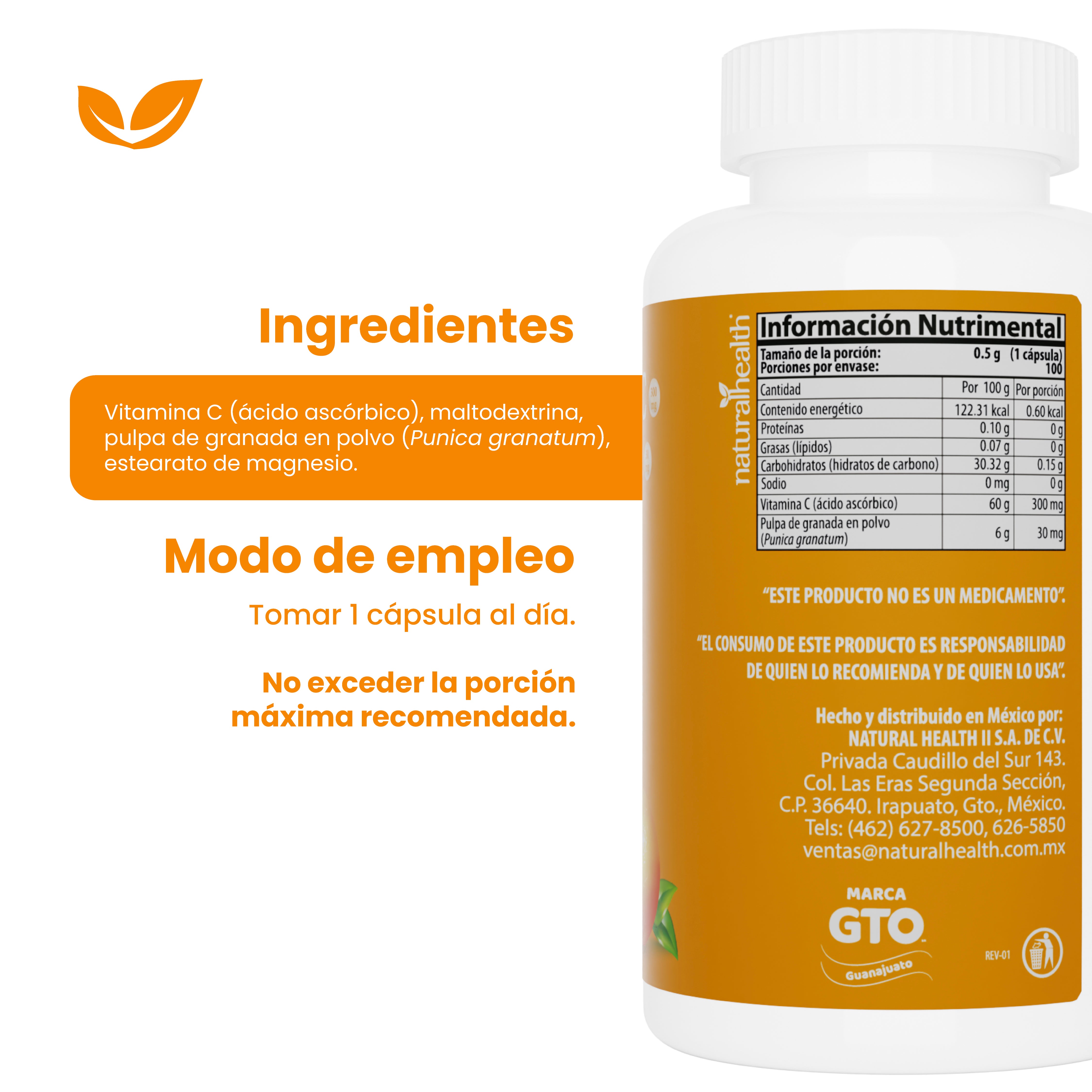 Natural Health Vitamina C + Granada 100 cápsulas de 500 mg c/u