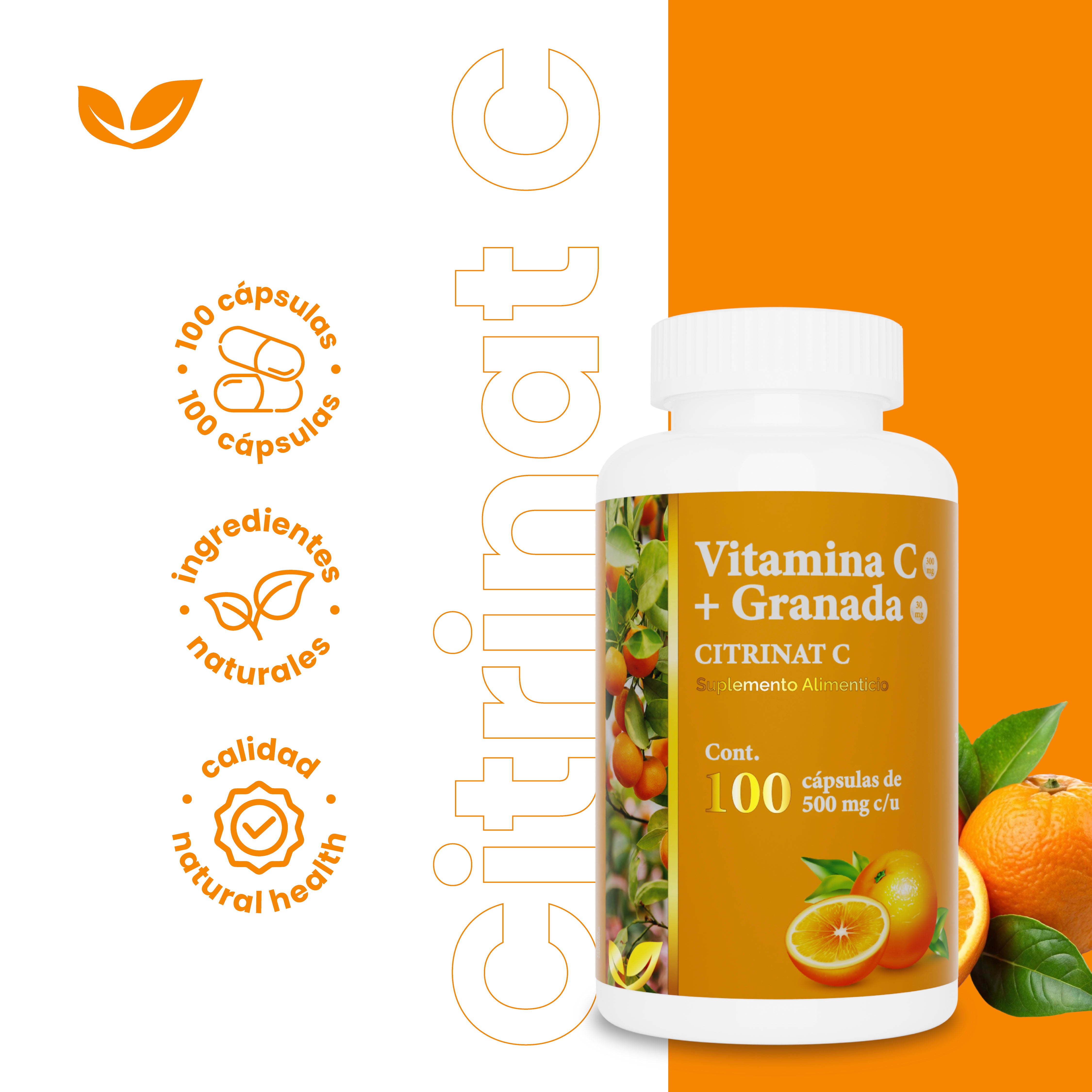 Natural Health Vitamina C + Granada 100 cápsulas de 500 mg c/u