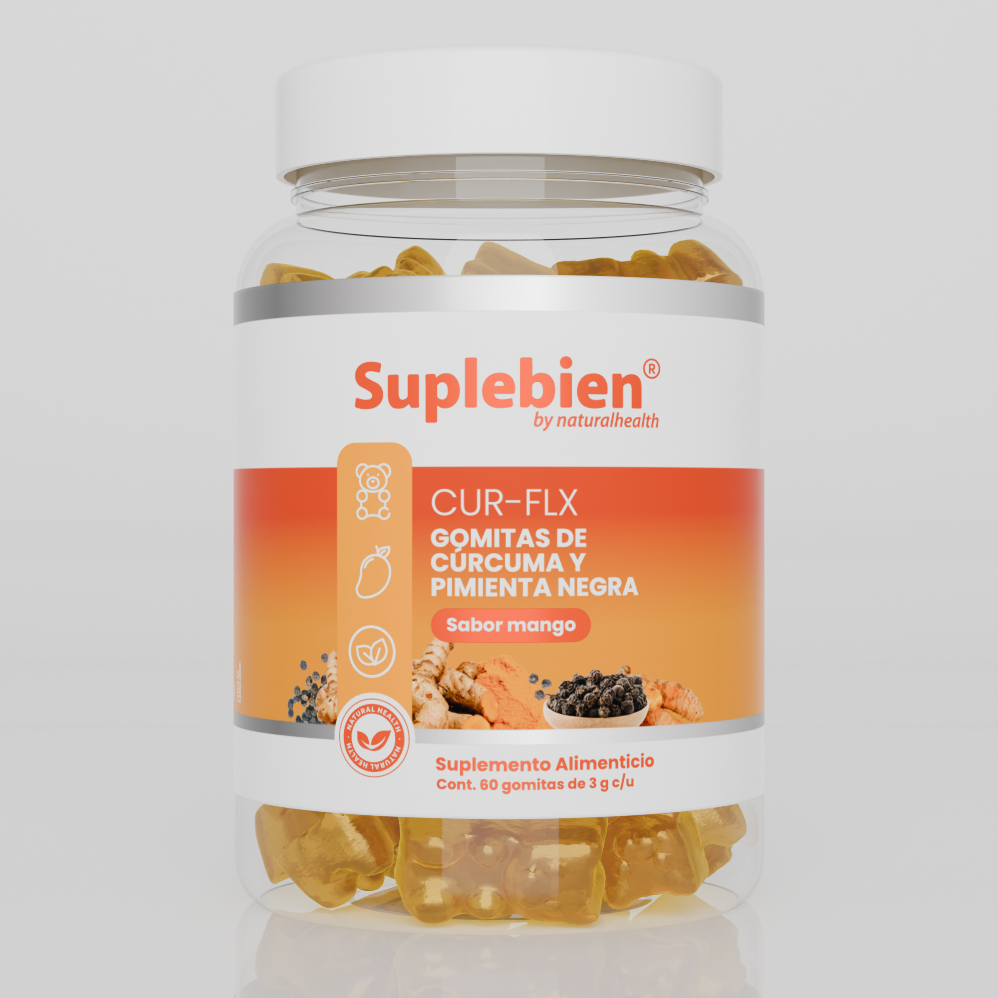 CUR-FLX. Gomitas de Cúrcuma y Pimienta Negra. Sabor Mango. 60 gomitas de 3g c/u.
