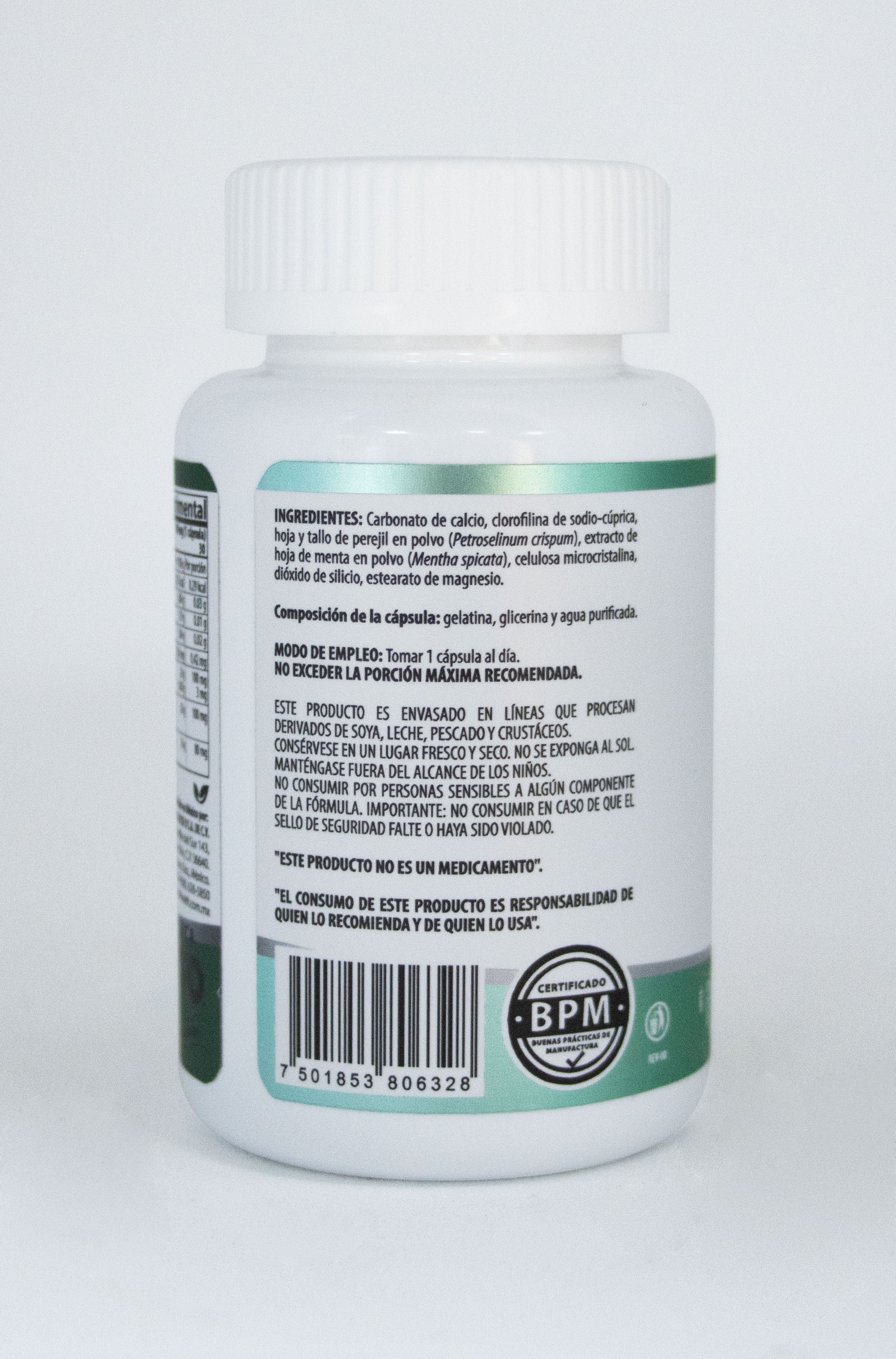 Deomint 30 cápsulas de 500 mg c/u  a base de clorofilina, perejil y menta