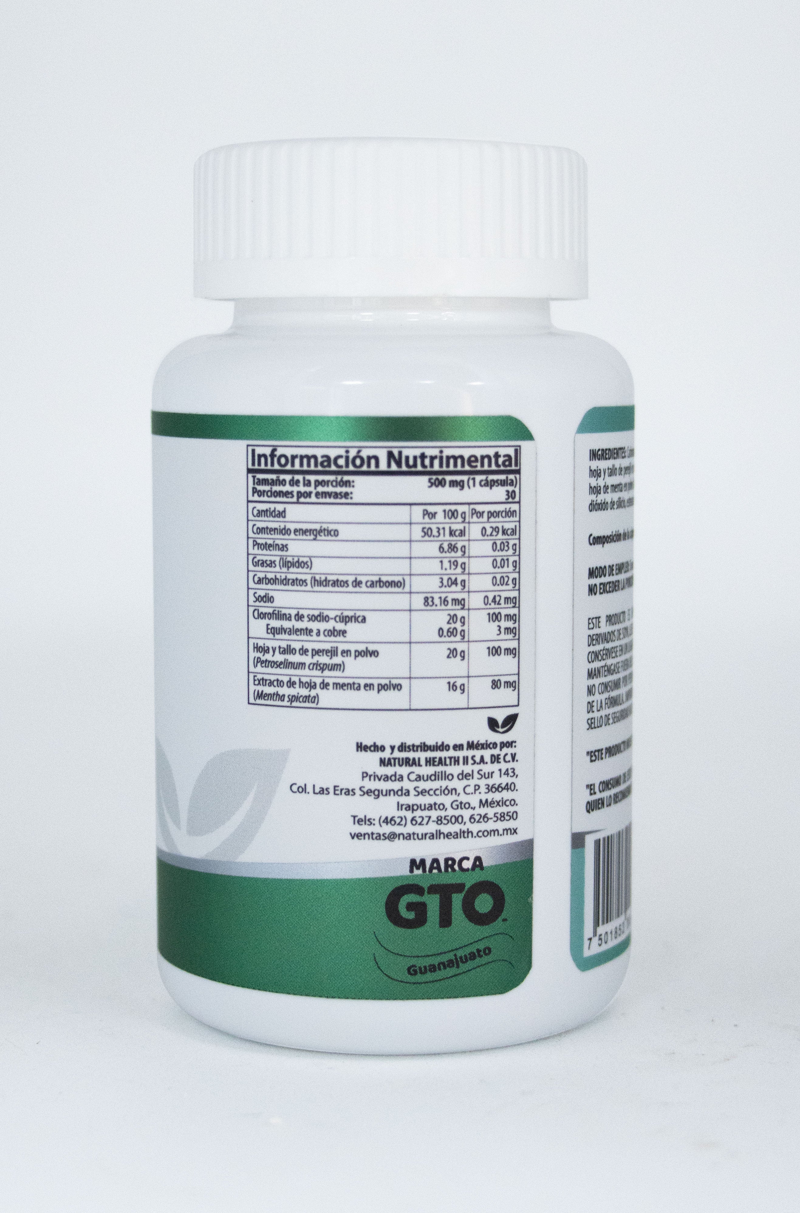 Deomint 30 cápsulas de 500 mg c/u  a base de clorofilina, perejil y menta