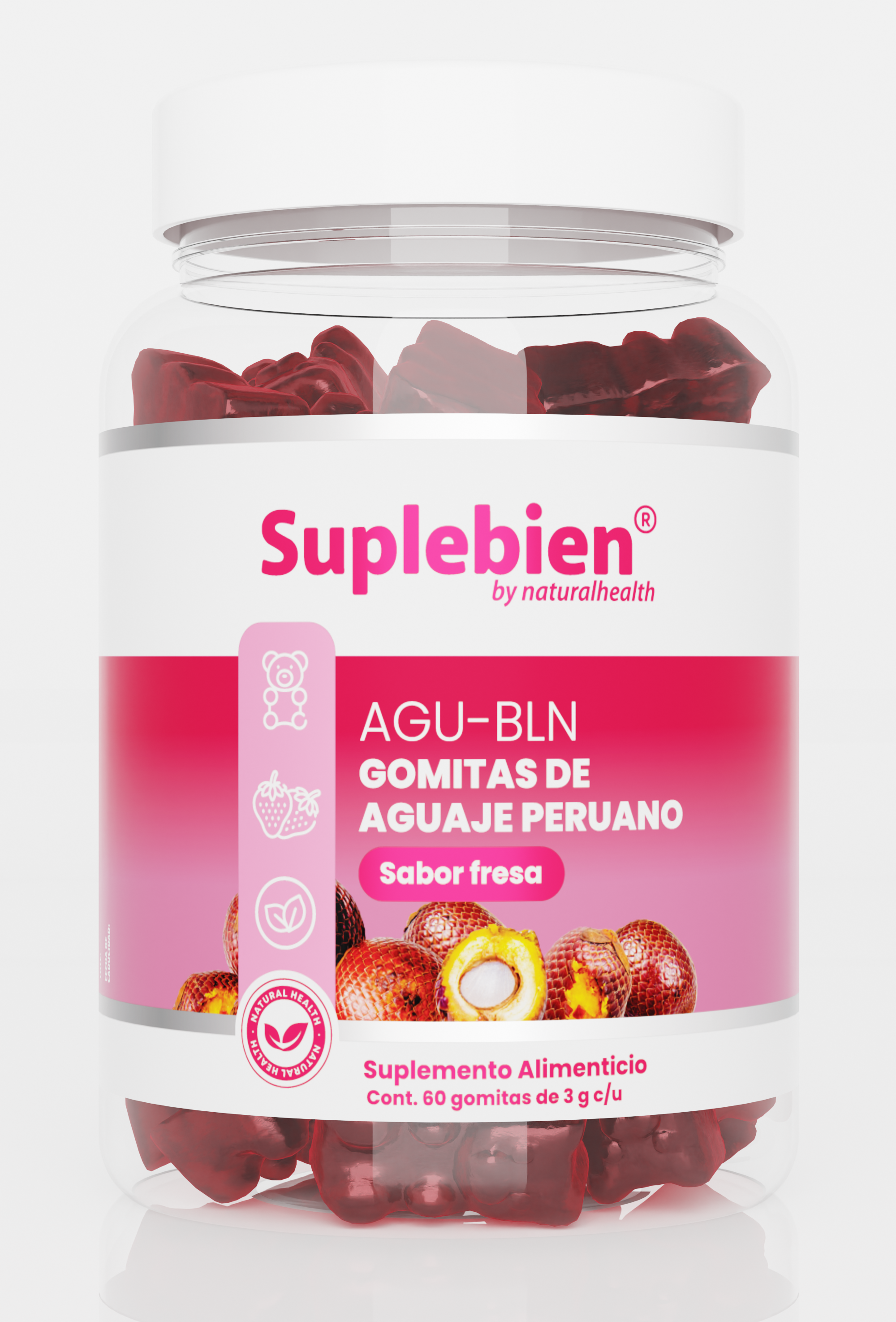 SUPLEBIEN AGU-BLN Gomitas de Aguaje Sabor Fresa, Frasco con 60 gomitas de 3g c/u