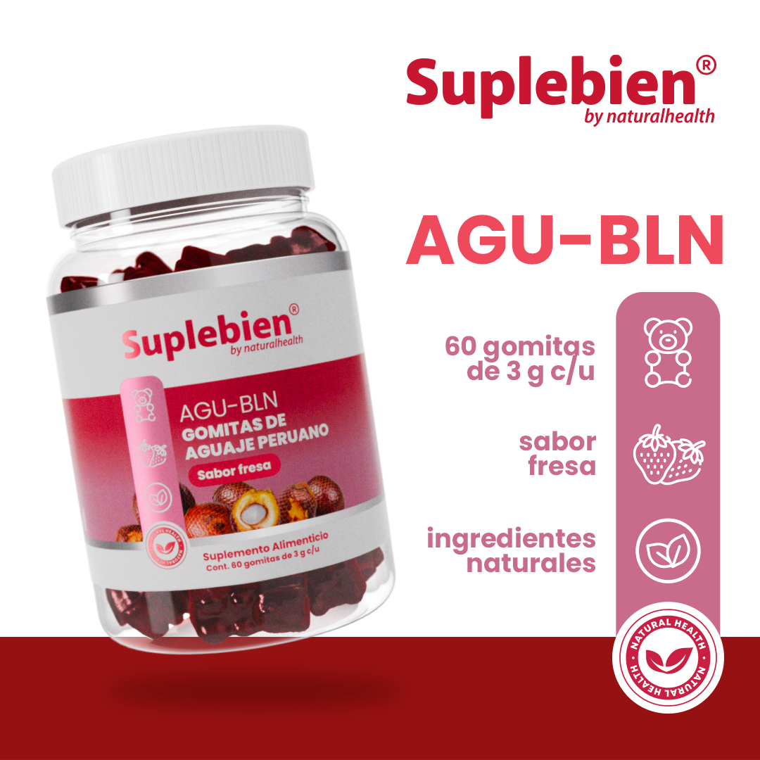 SUPLEBIEN AGU-BLN Gomitas de Aguaje Sabor Fresa, Frasco con 60 gomitas de 3g c/u