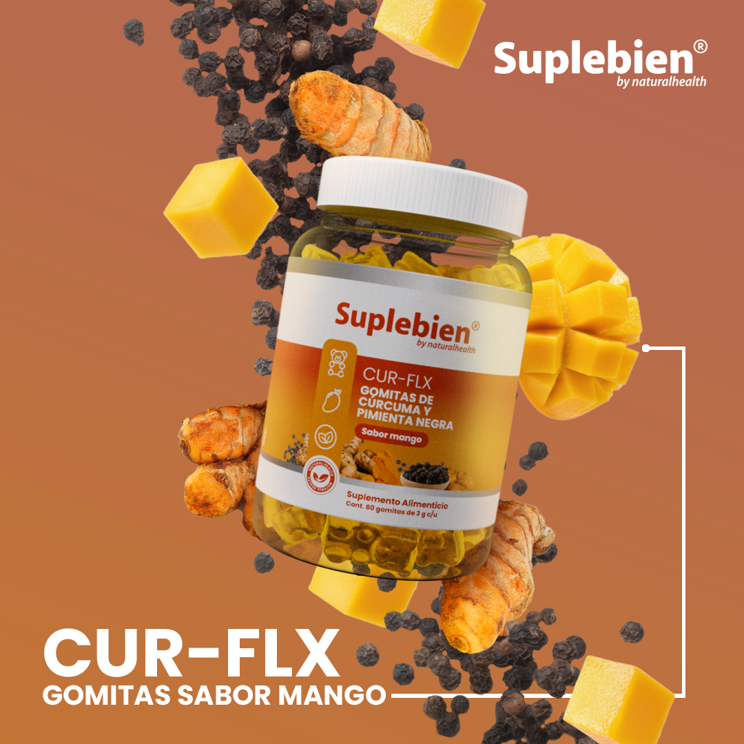 SUPLEBIEN CUR-FLX. Gomitas de Cúrcuma y Pimienta Negra. Sabor Mango. 60 gomitas de 3g c/u.