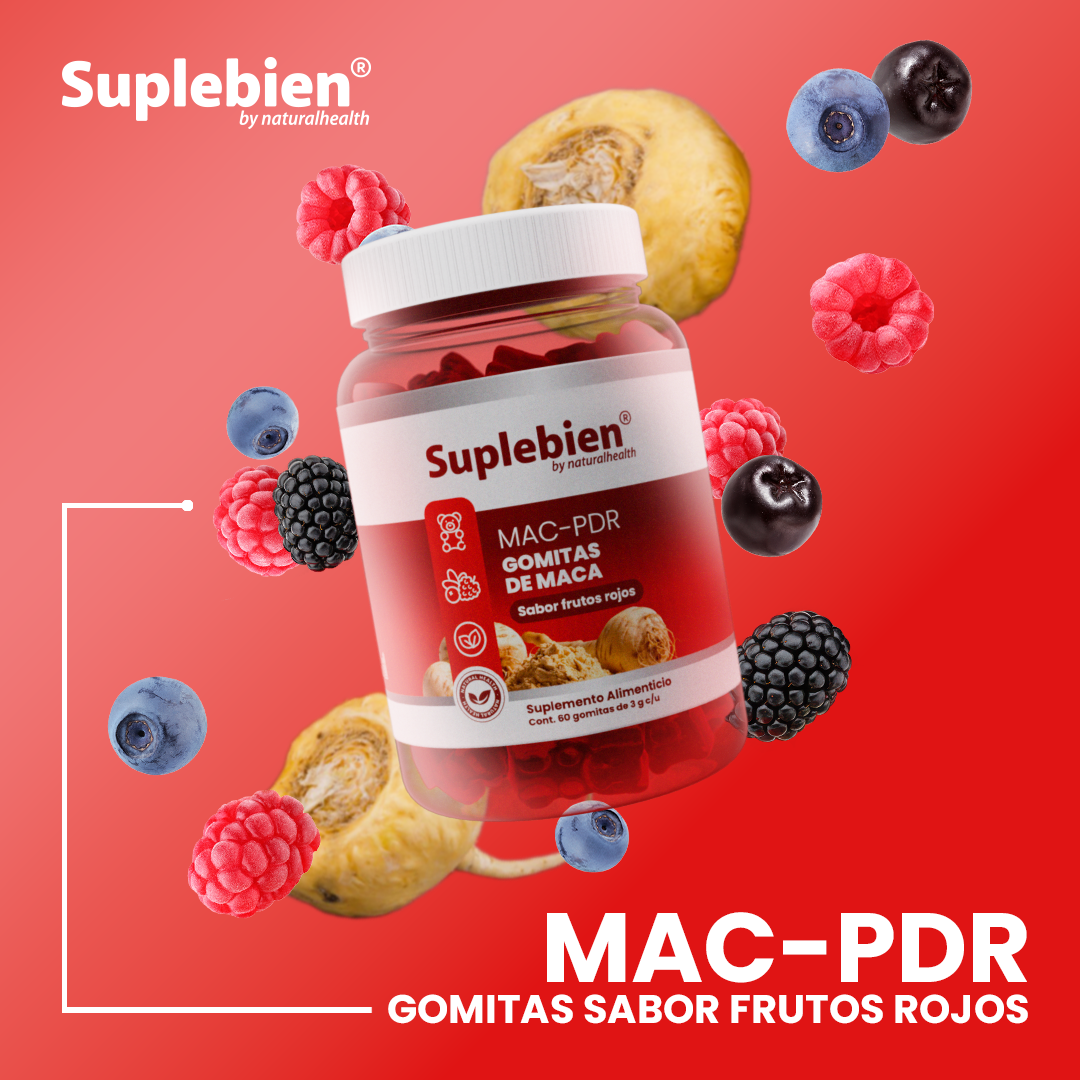 SUPLEBIEN MAC- PDR. Gomitas de Maca Sabor frutos Rojos Cont. 60 gomitas de 3g c/u