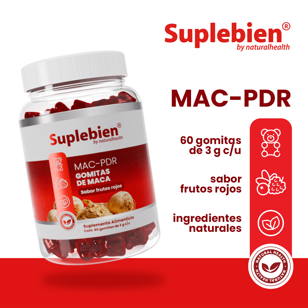 SUPLEBIEN MAC- PDR. Gomitas de Maca Sabor frutos Rojos Cont. 60 gomitas de 3g c/u