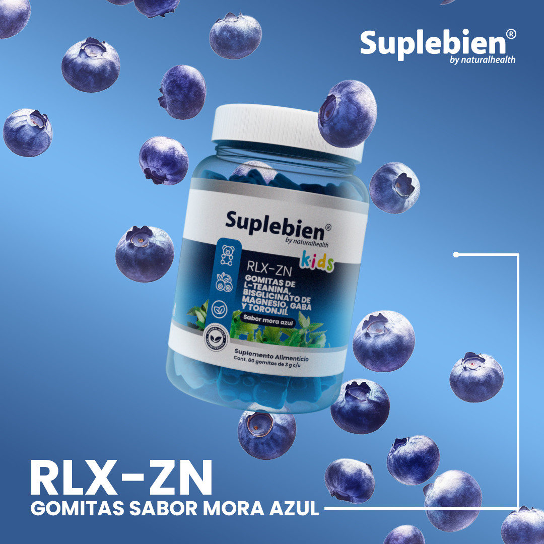 SUPLEBIEN RLX-ZN Gomitas Kids. Glicinato de Magnesio, L-teanina, GABA y Toronjil.  Sabor Mora Azul, Frasco con 60 Gomitas de 3 G C/U